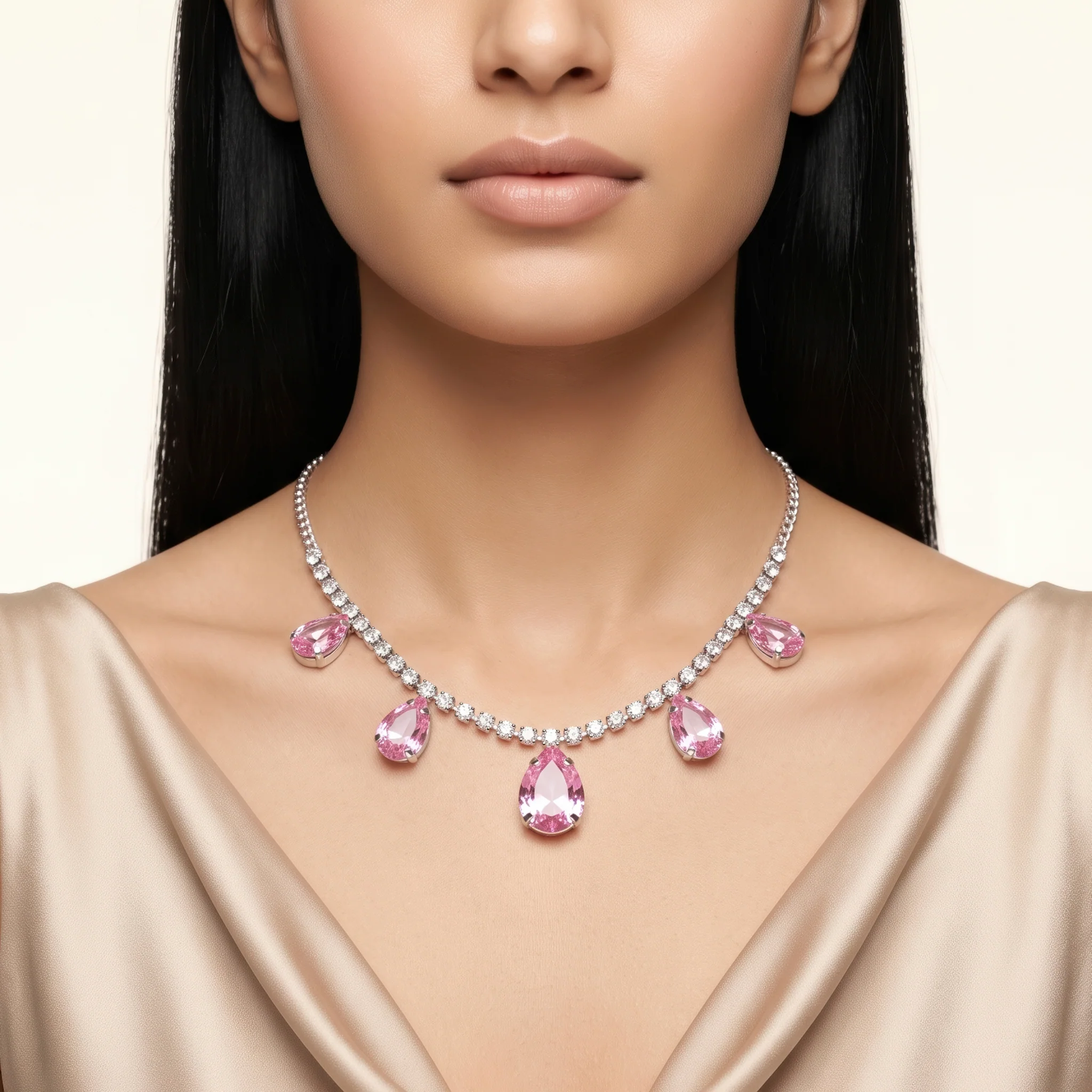 PRAO Necklace Anti-Tarnish Pink Teardrop Charm Chain - Image 2