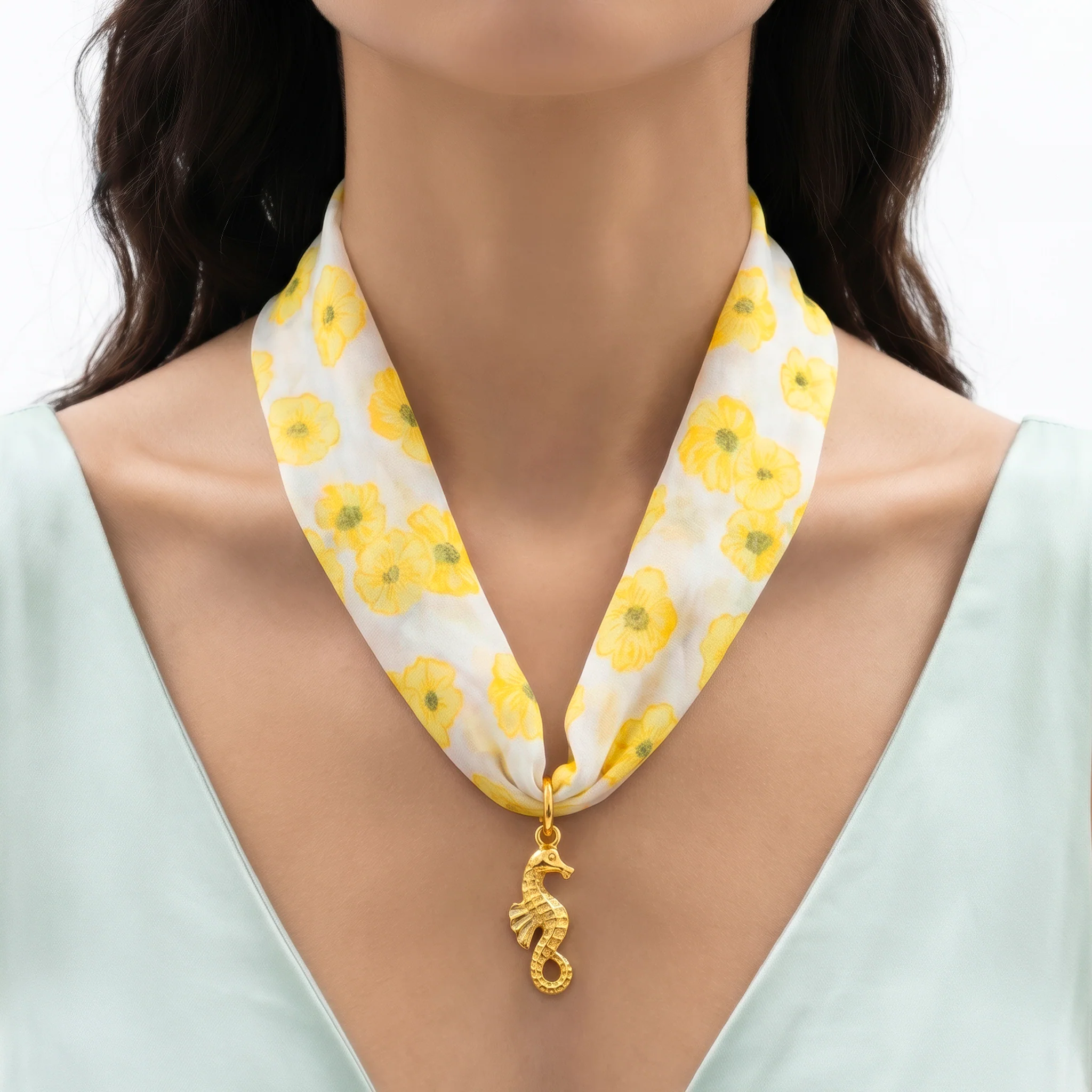 PRAO COMBO ✨ Yellow Floral Scarf Necklace With Seahorse Earrings - Image 2