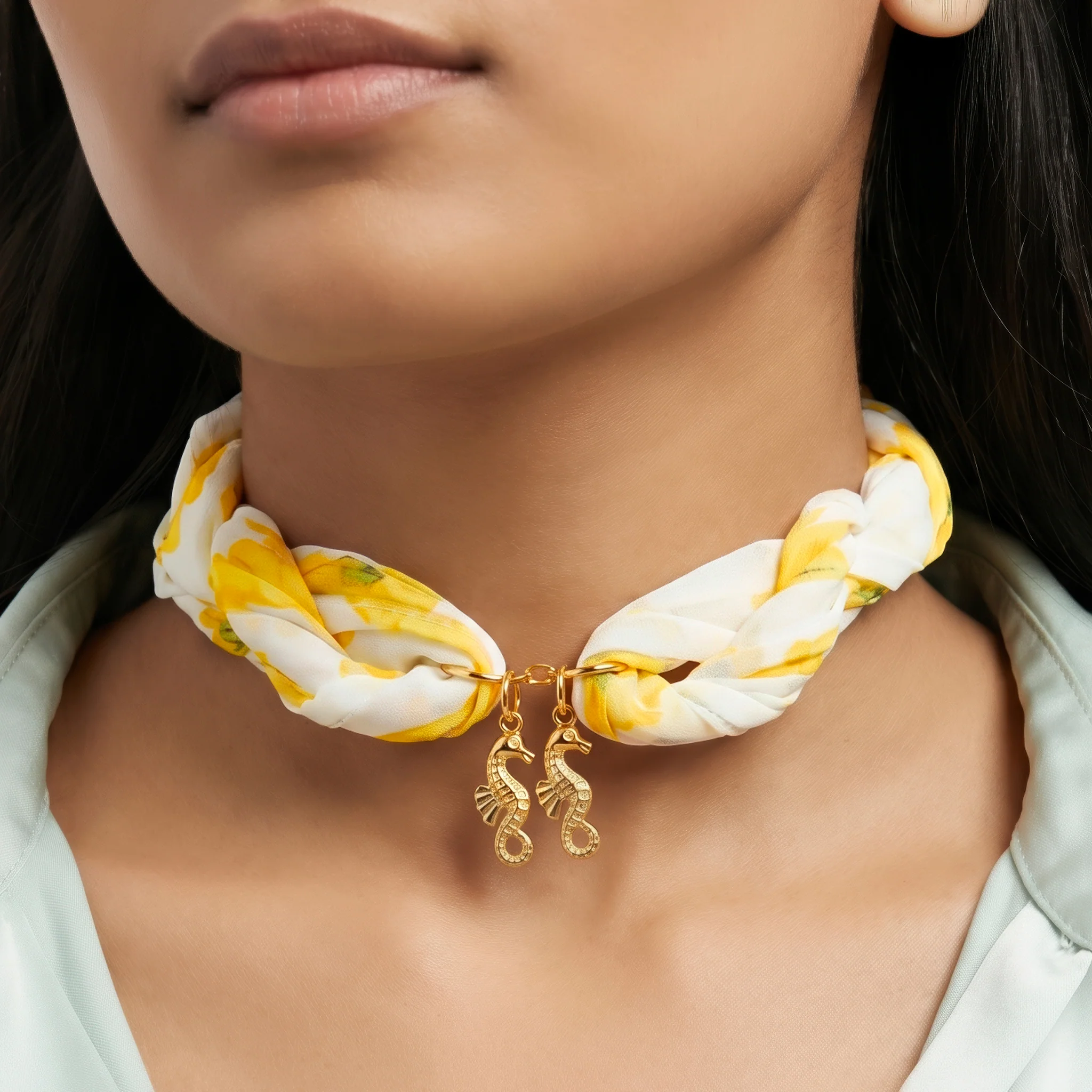 PRAO COMBO ✨ Yellow Floral Scarf Necklace With Seahorse Earrings - Image 5
