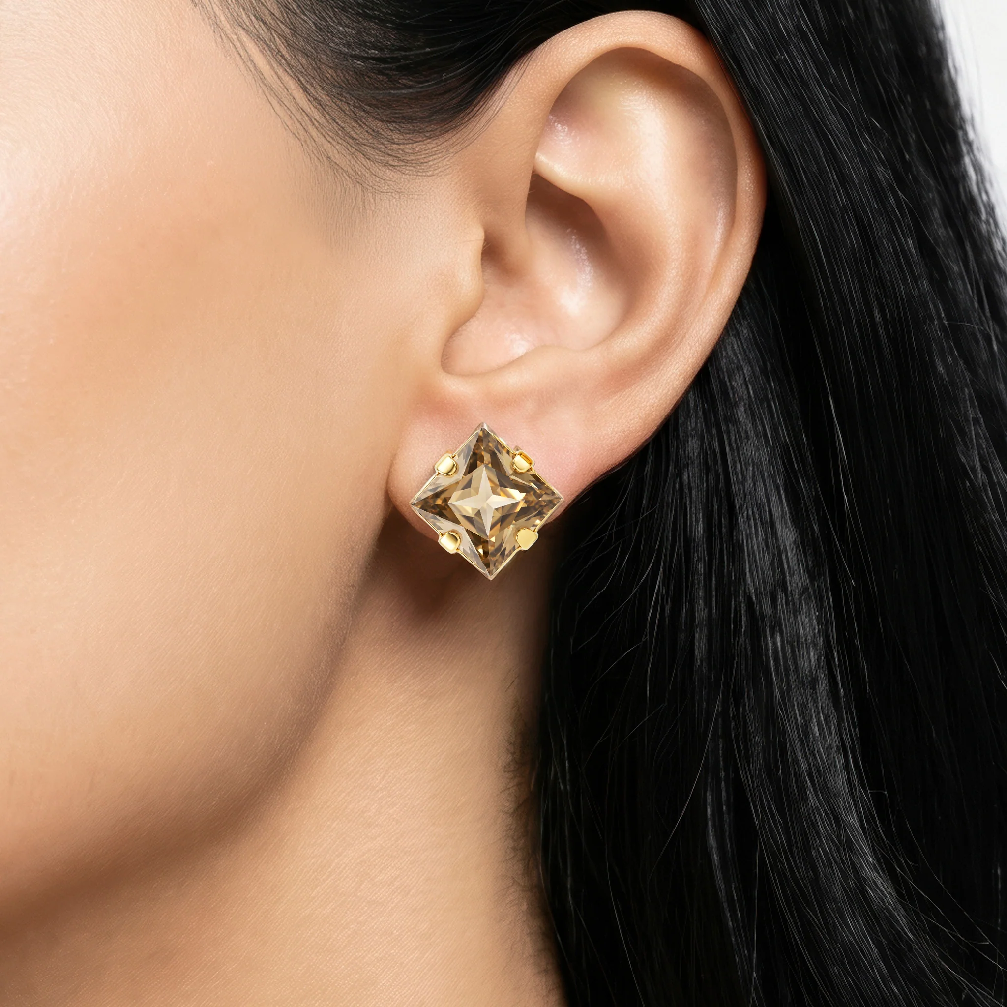 PRAO Earrings Anti-Tarnish Cushion Rhinestone Topaz Studs - Image 2
