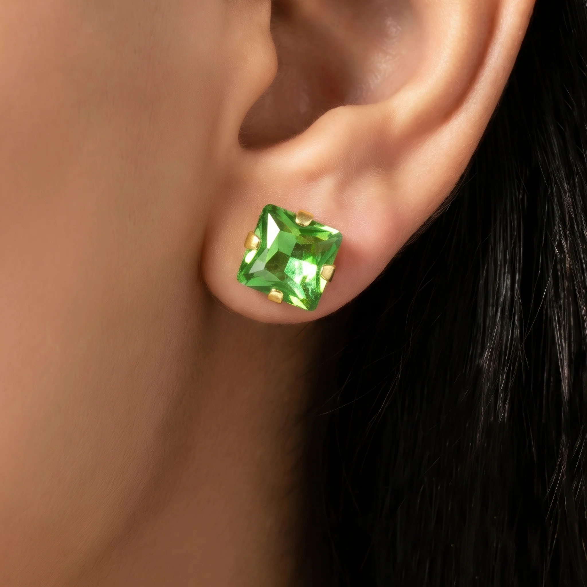 PRAO Earrings Anti-Tarnish Cushion Rhinestone Peridot Studs - Image 2