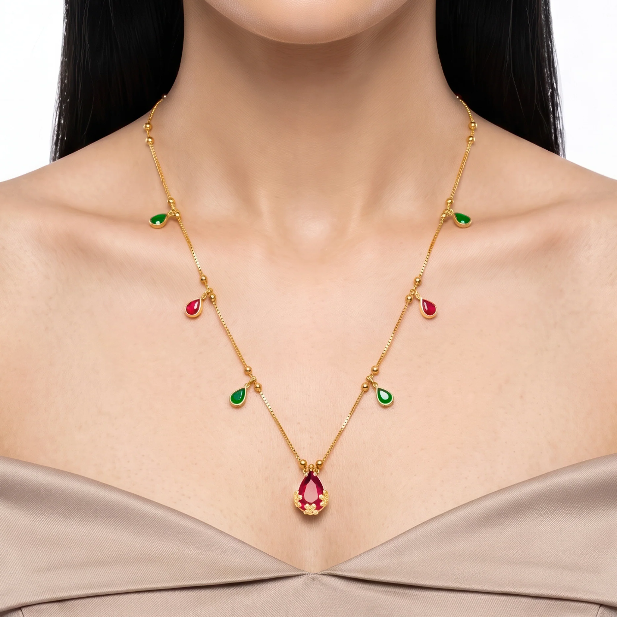 PRAO Necklace Anti-Tarnish Ruby Teardrop Chain
