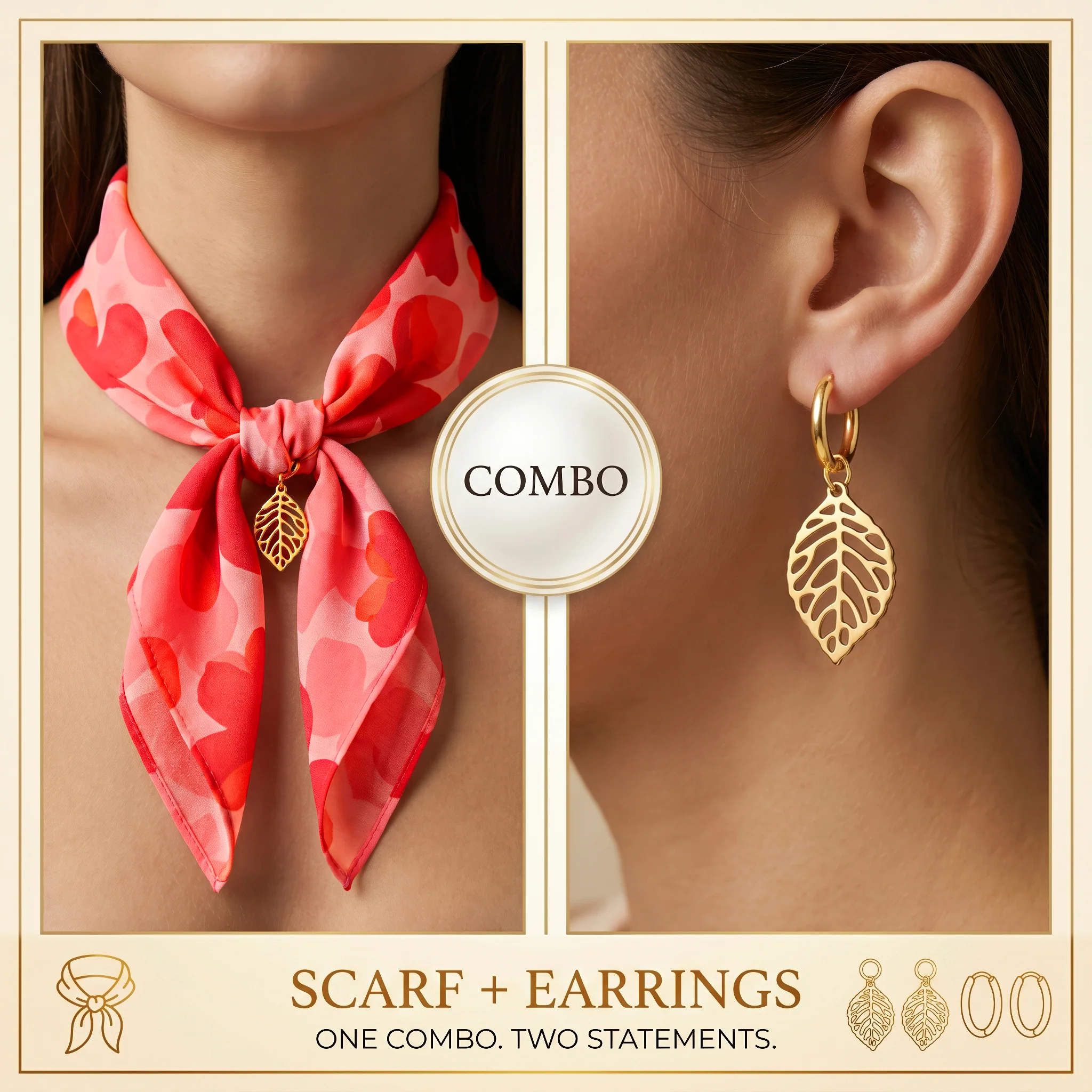 PRAO COMBO ✨ Red Floral Scarf Necklace With Leaf Earrings
