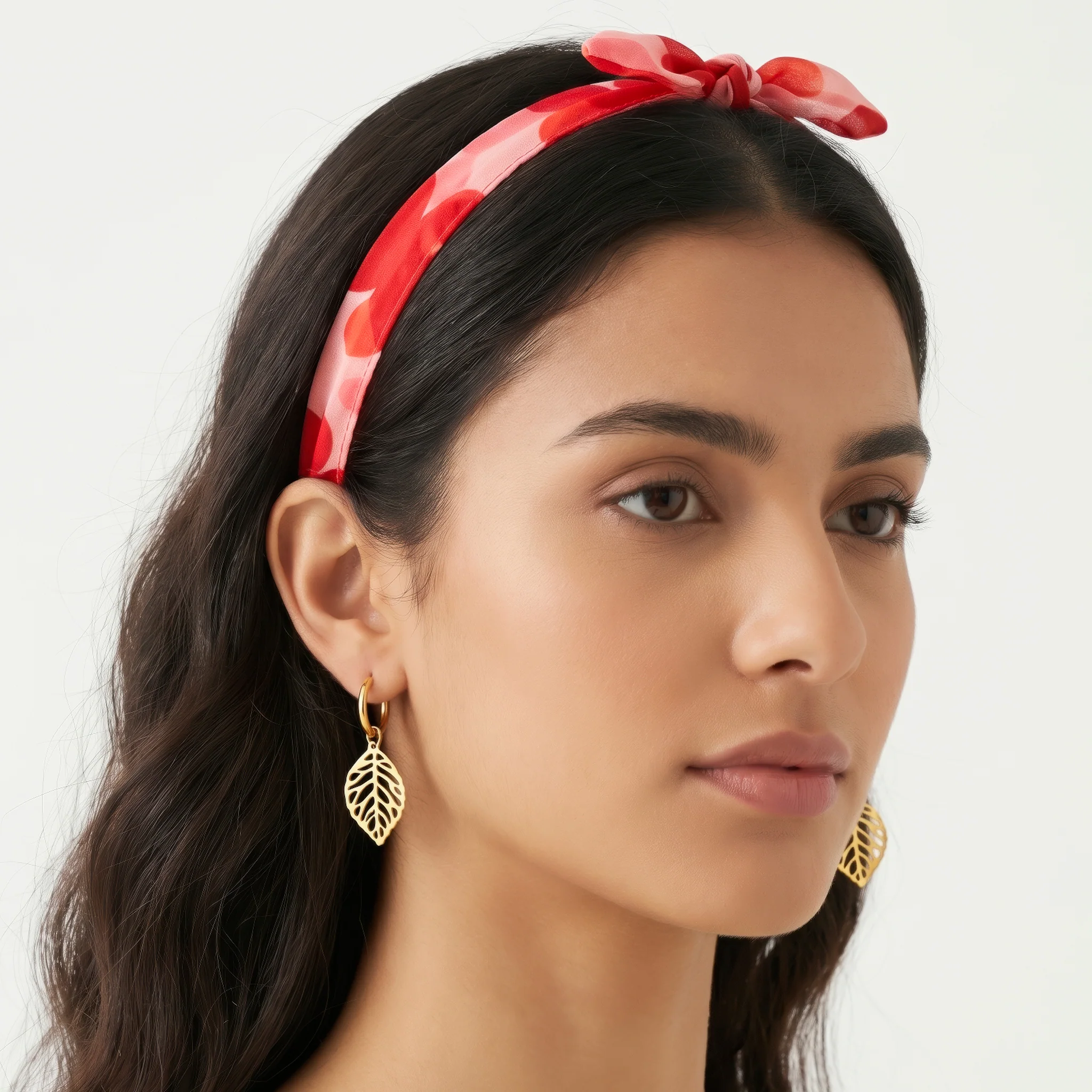 PRAO COMBO ✨ Red Floral Scarf Necklace With Leaf Earrings - Image 9