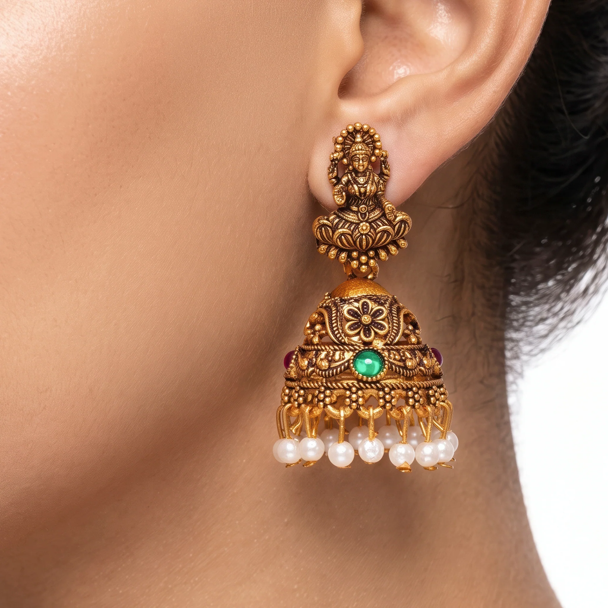 PRAO Earrings Anti-Tarnish Lakshmi Temple Jhumka