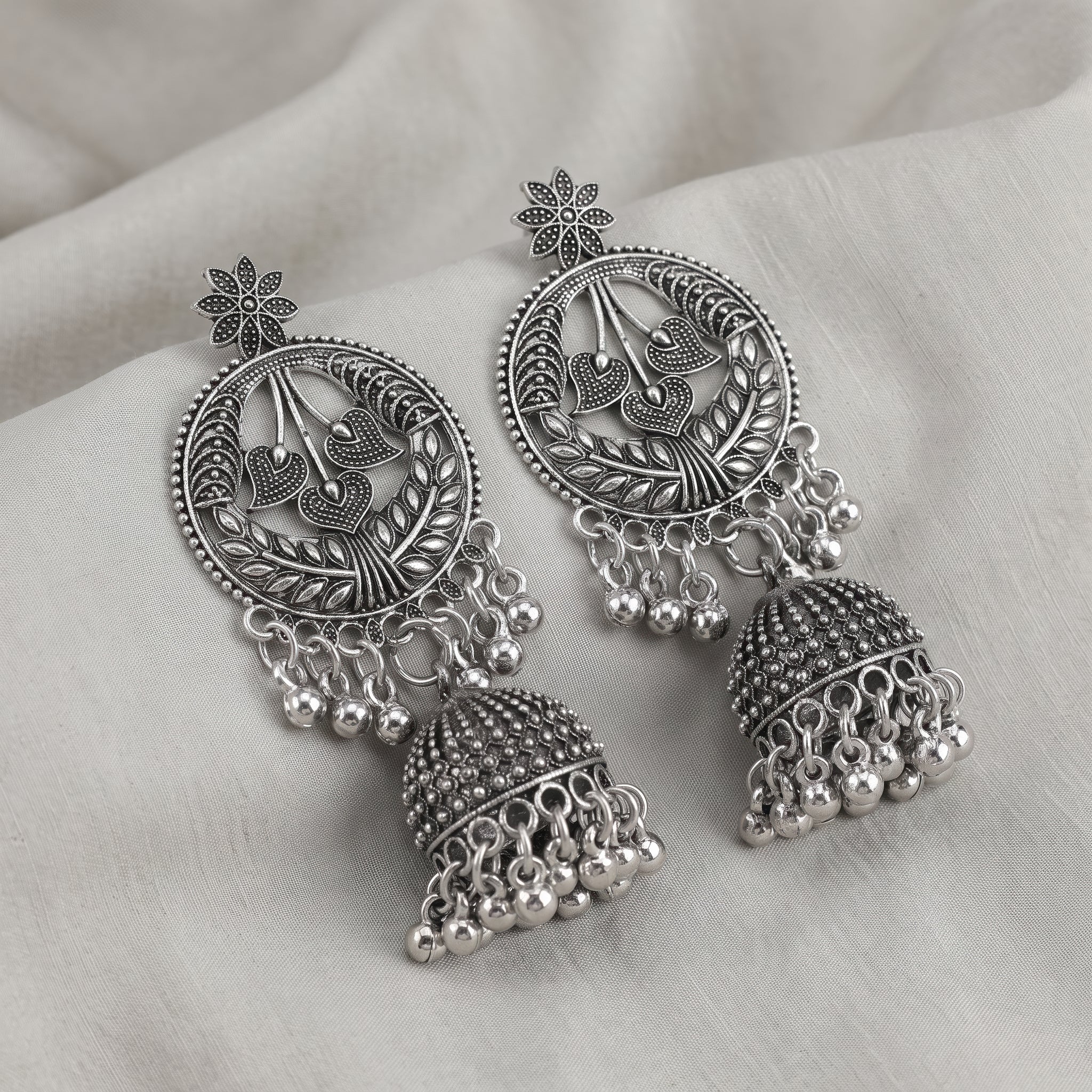 PRAO Earrings Anti-Tarnish Oxidised Floral Jhumka - Image 4