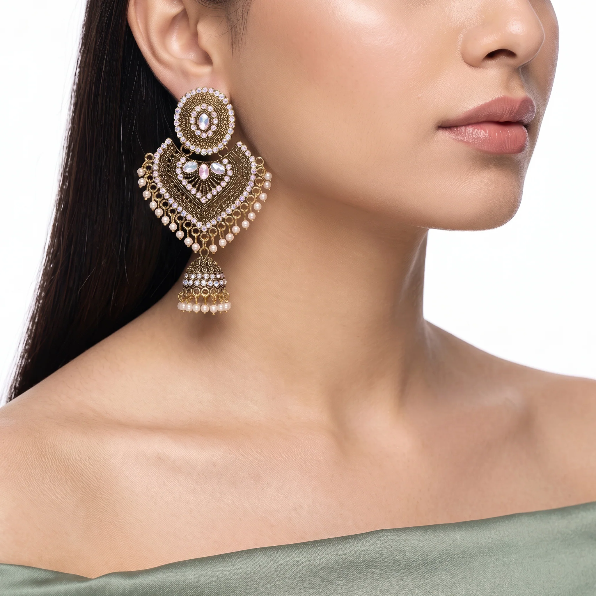 PRAO Earrings Anti-Tarnish Antique Filigree Pearl Jhumka - Image 2