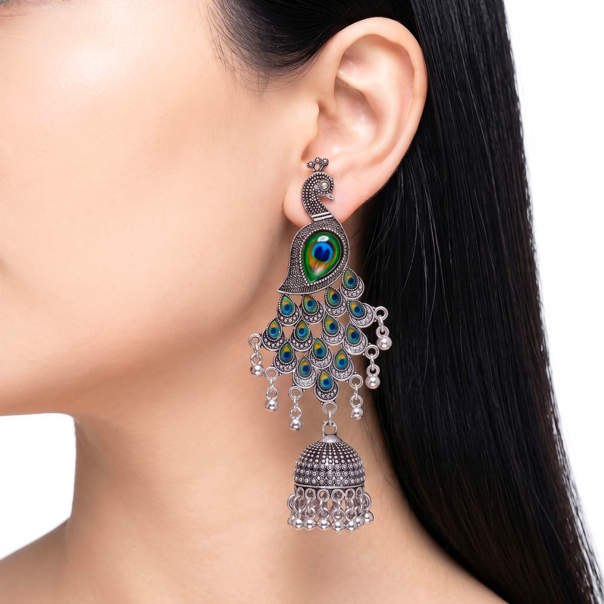 PRAO Earrings Anti-Tarnish Peacock Jhumka