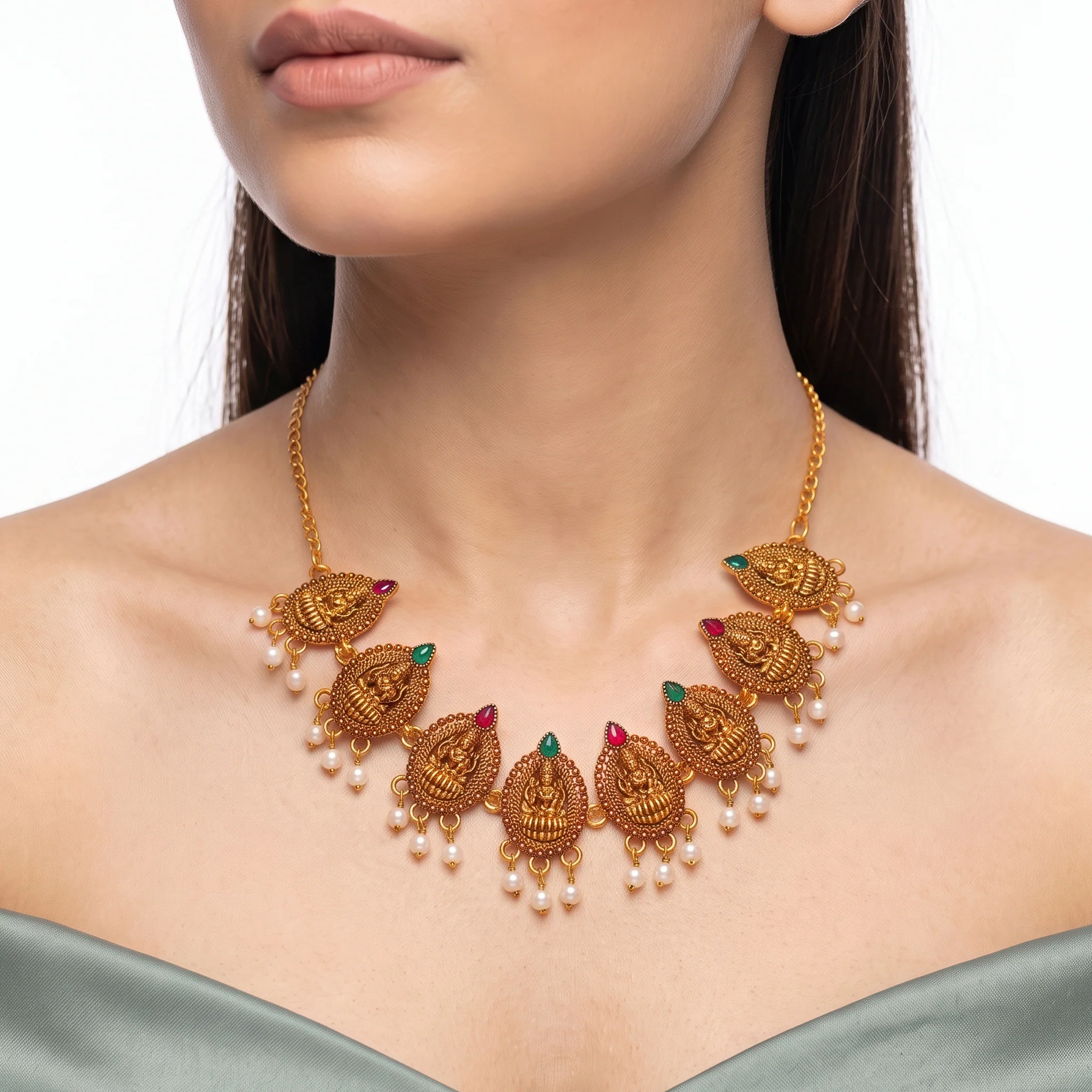 PRAO Necklace Anti-Tarnish Lakshmi Pearl Fringe Design