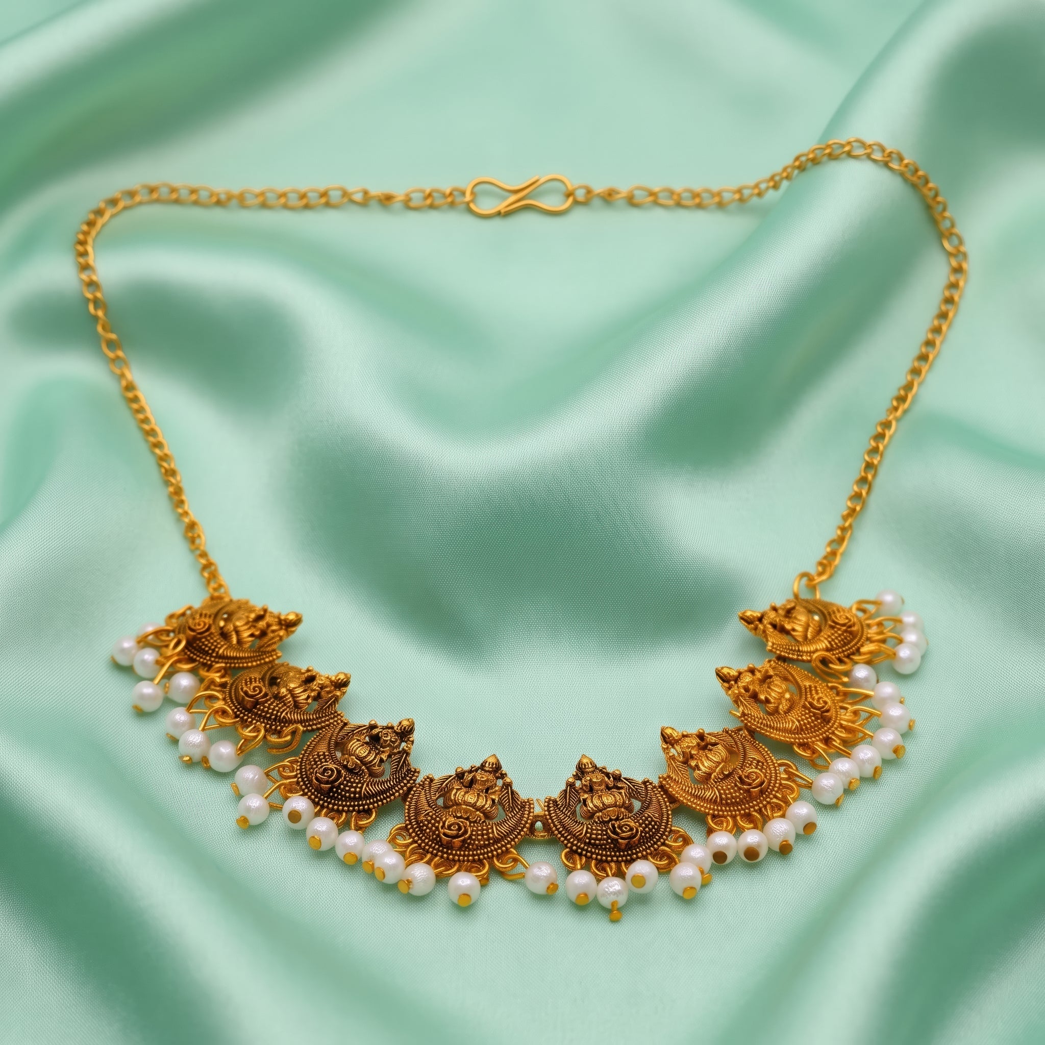 PRAO Necklace Anti-Tarnish Lakshmi Temple Pearl Chain - Image 4
