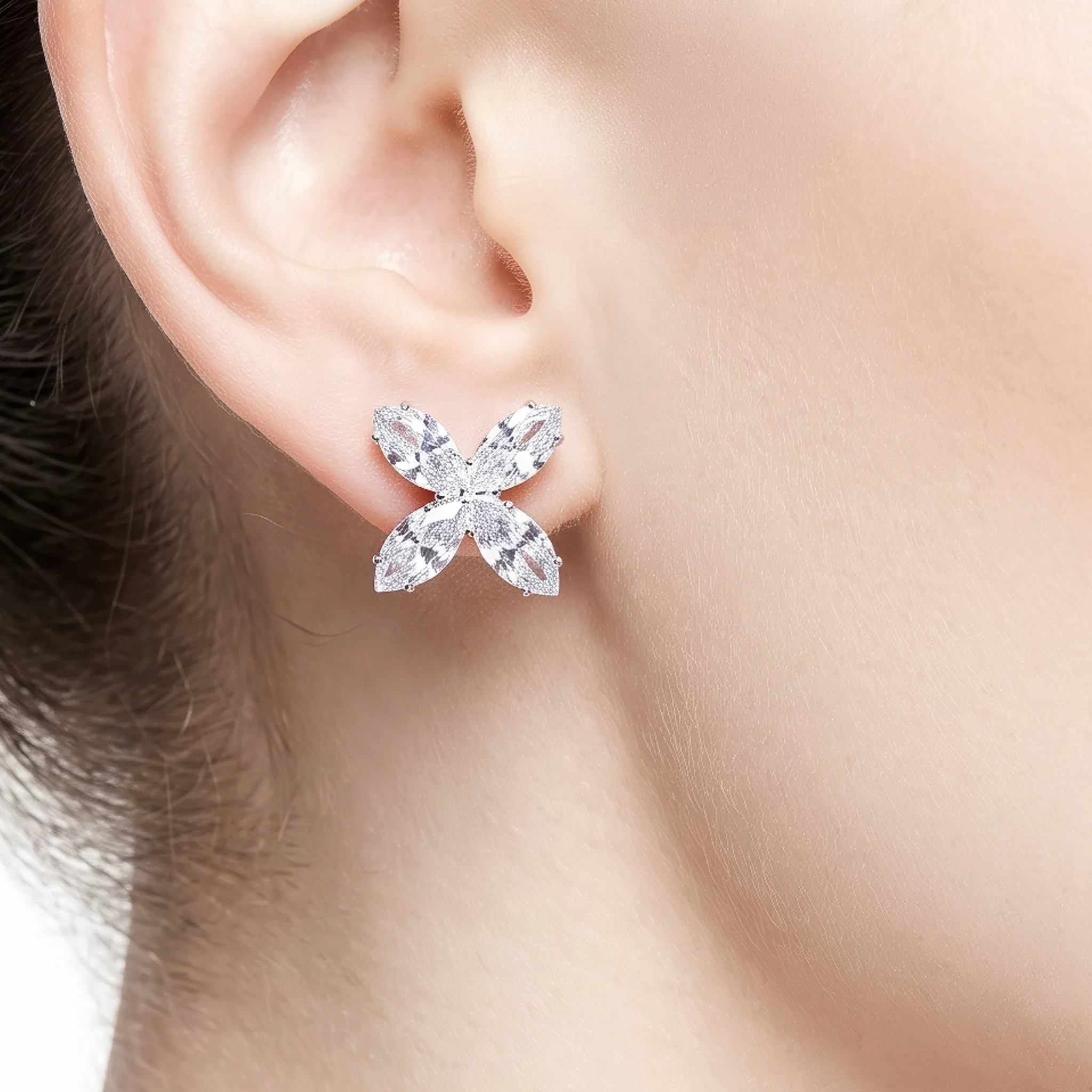 PRAO Earrings Anti-Tarnish Marquise-Cut Floral Studs - Image 2