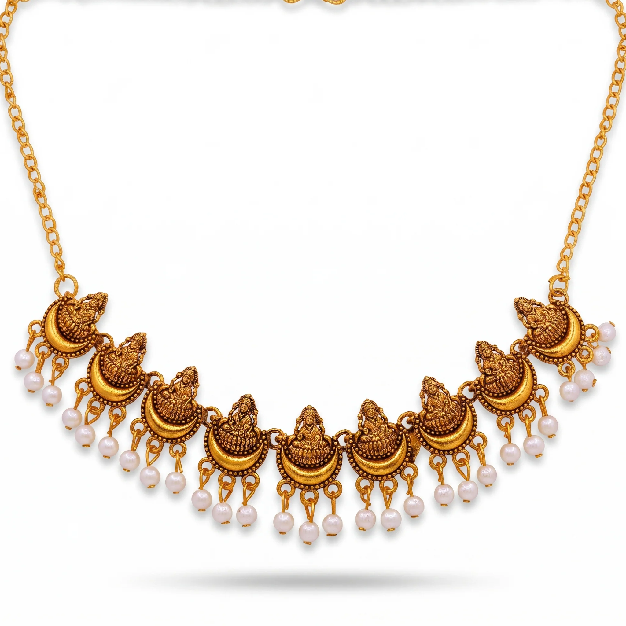 PRAO Necklace Anti-Tarnish Lakshmi Crescent Pearl Chain