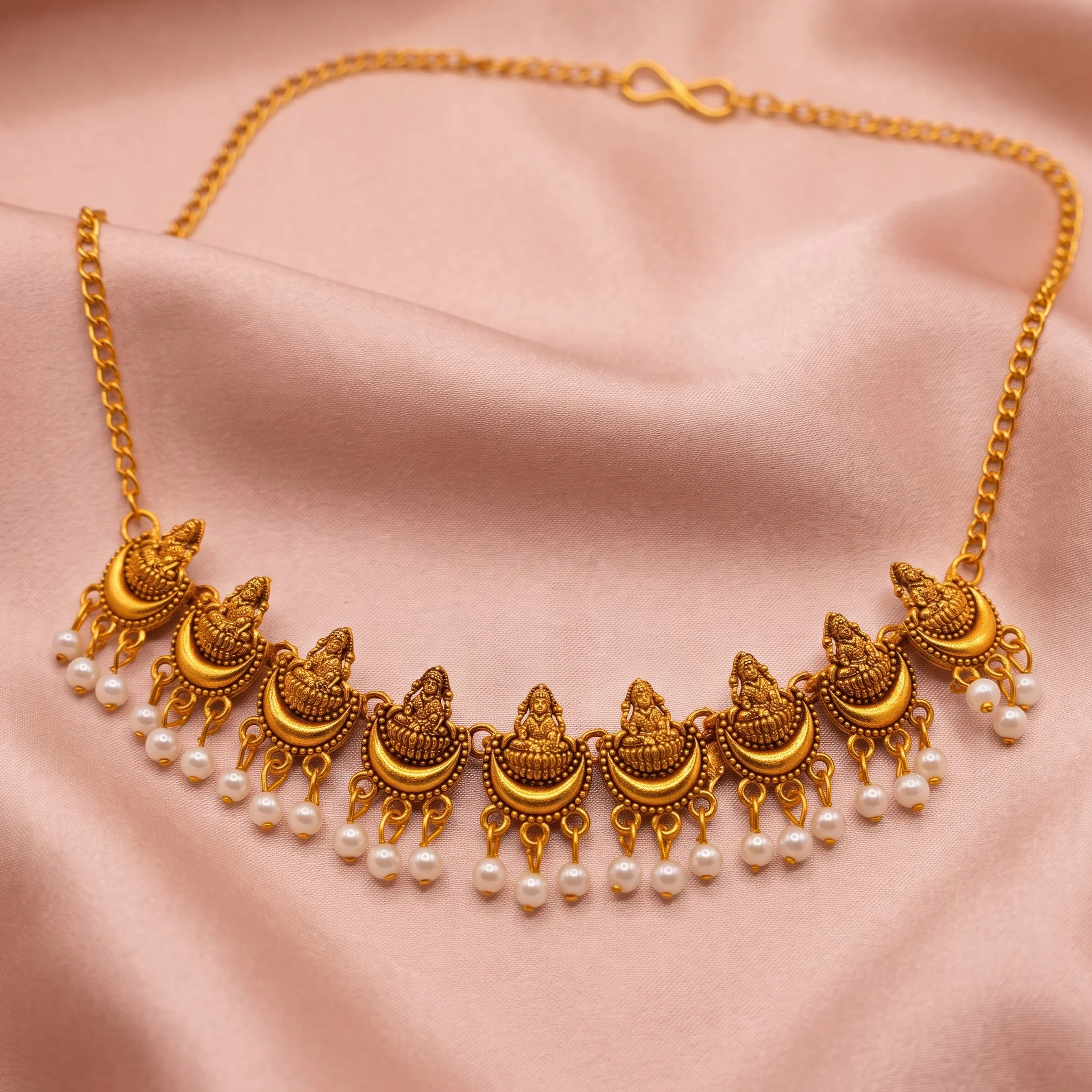 PRAO Necklace Anti-Tarnish Lakshmi Crescent Pearl Chain - Image 4