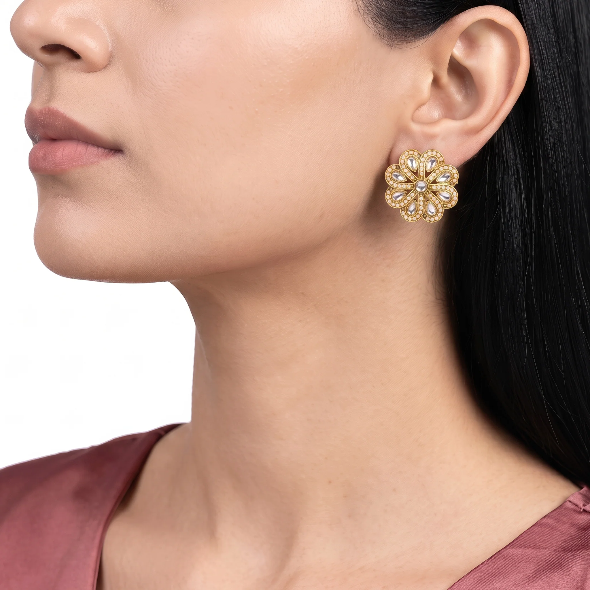 PRAO Earrings Anti-Tarnish Kundan Floral Studs - Image 2