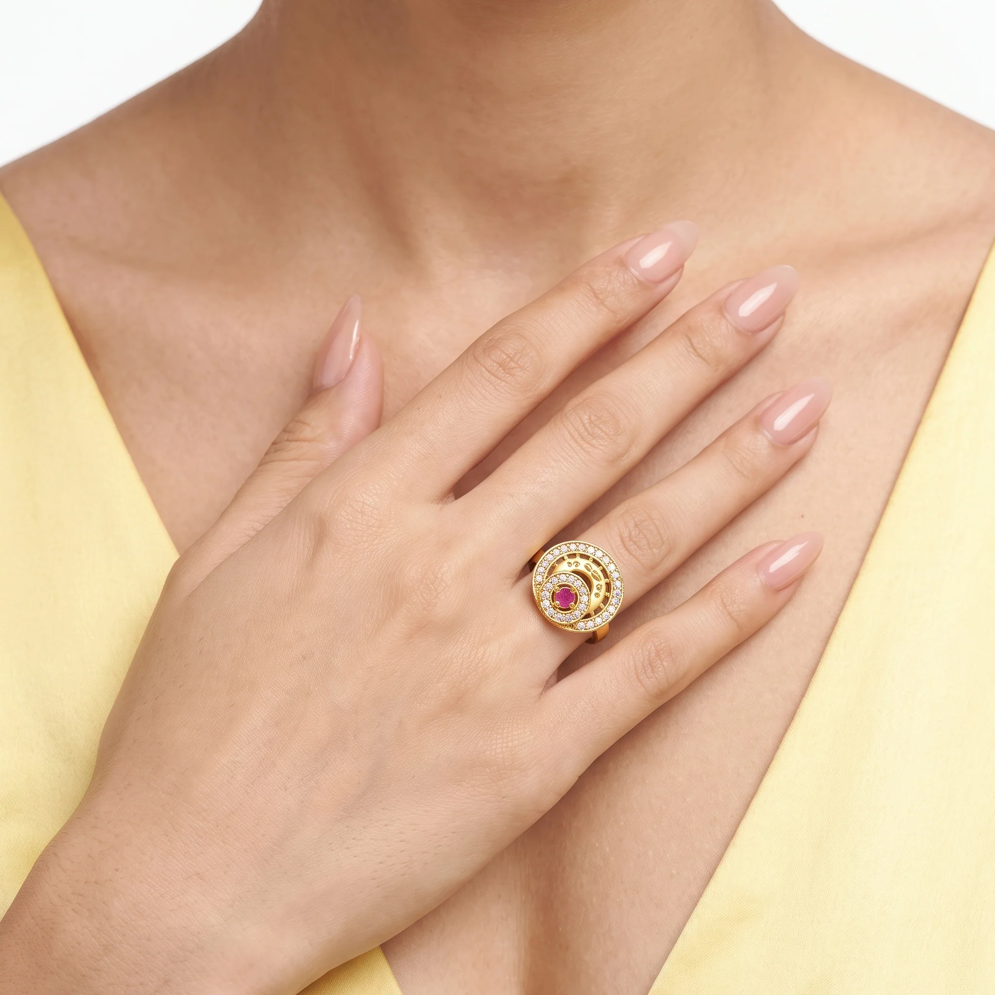 PRAO Ring Anti-Tarnish Crystal Halo with Pink Stone (Adjustable Size) - Image 2