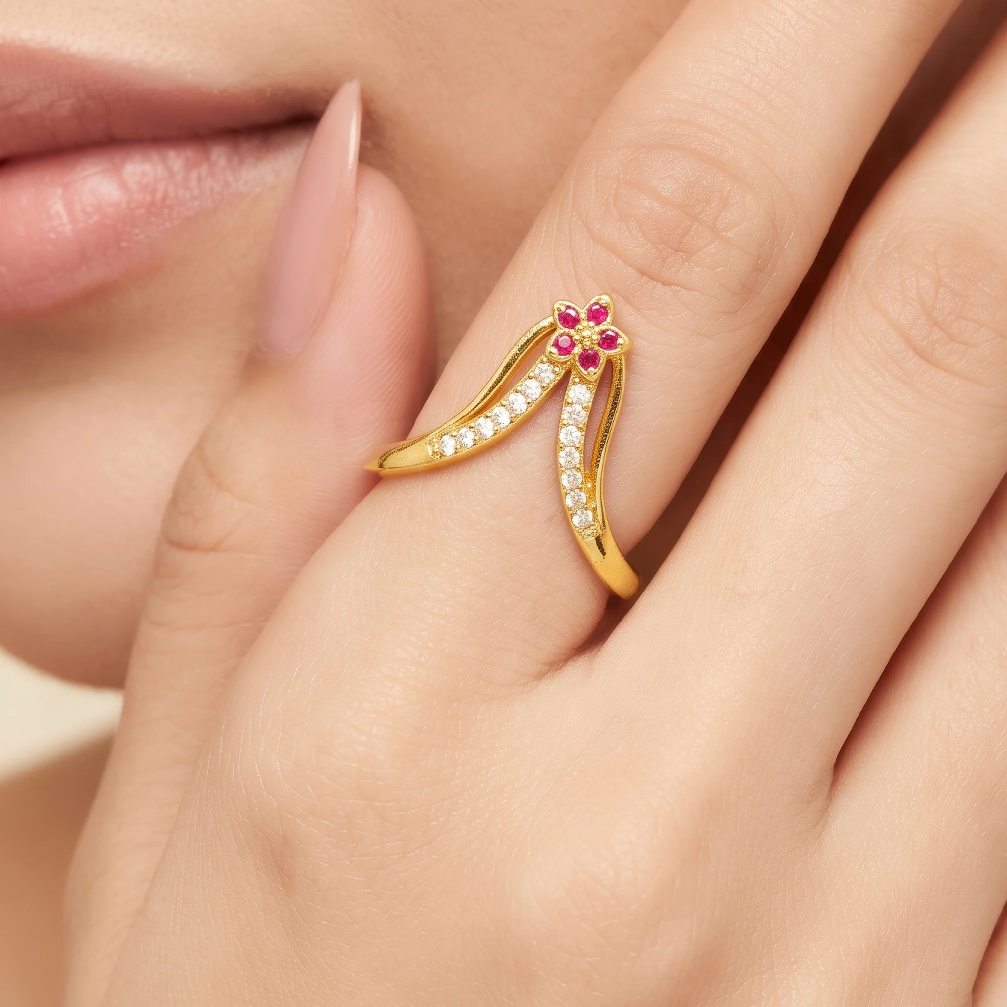 PRAO Ring Anti-Tarnish V-Shape Ruby Crystal (Adjustable Size) - Image 2