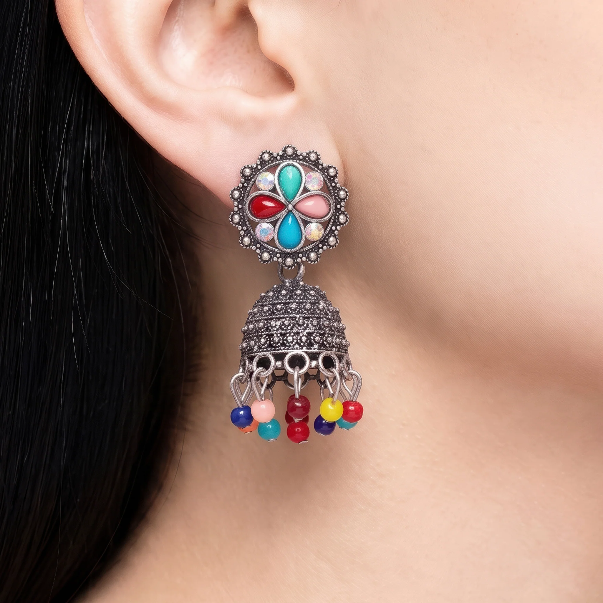 PRAO Earrings Anti-Tarnish Oxidized Multicolor Jhumka