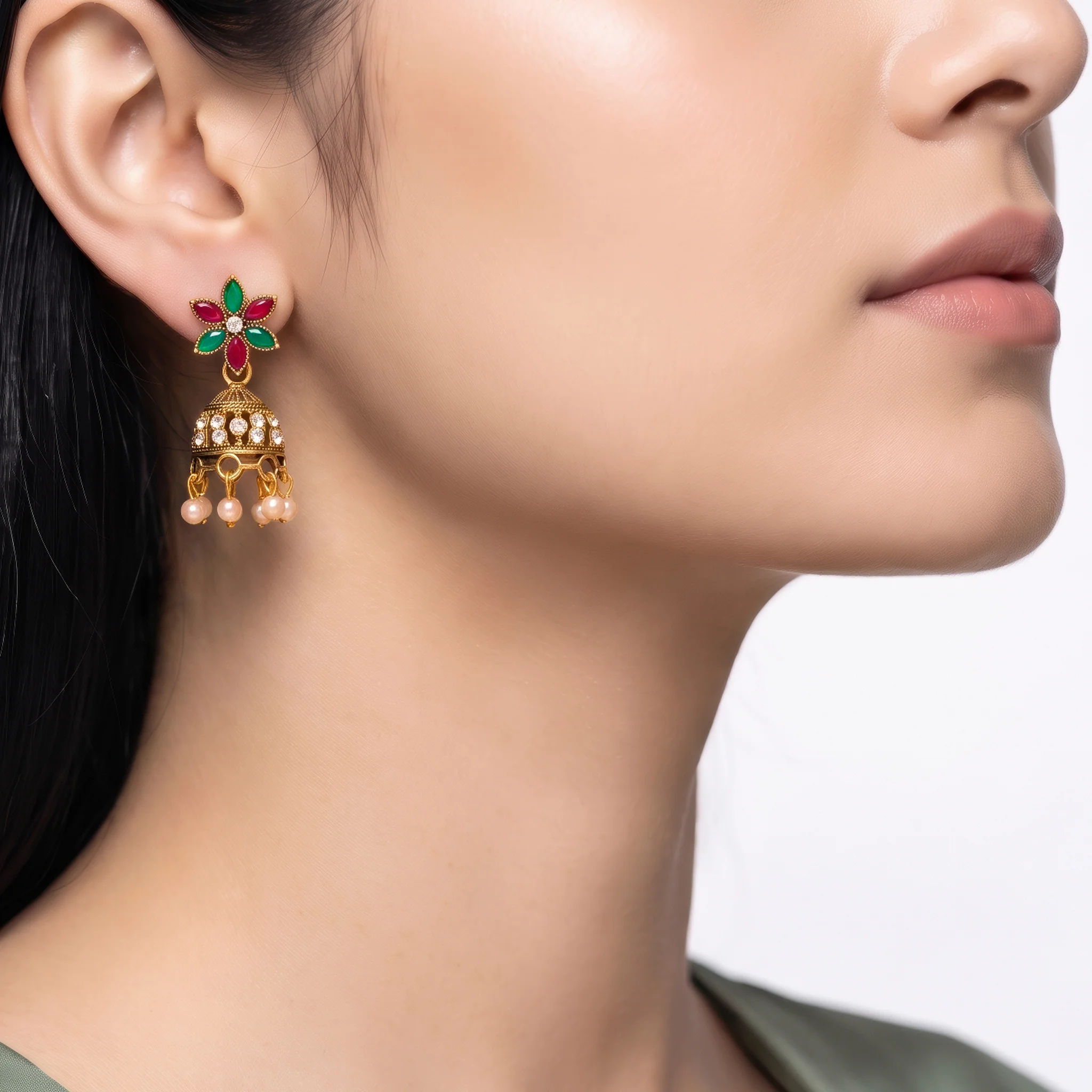 PRAO Earrings Anti-Tarnish Antique Floral Pearl Jhumka - Image 2