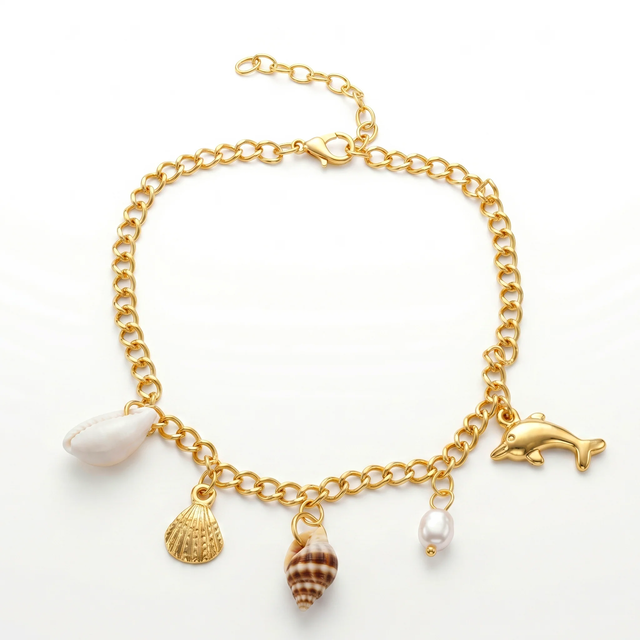 PRAO Anklet Anti-Tarnish Dolphin, Pearl & Cowrie Shell Charms Chain - Image 4