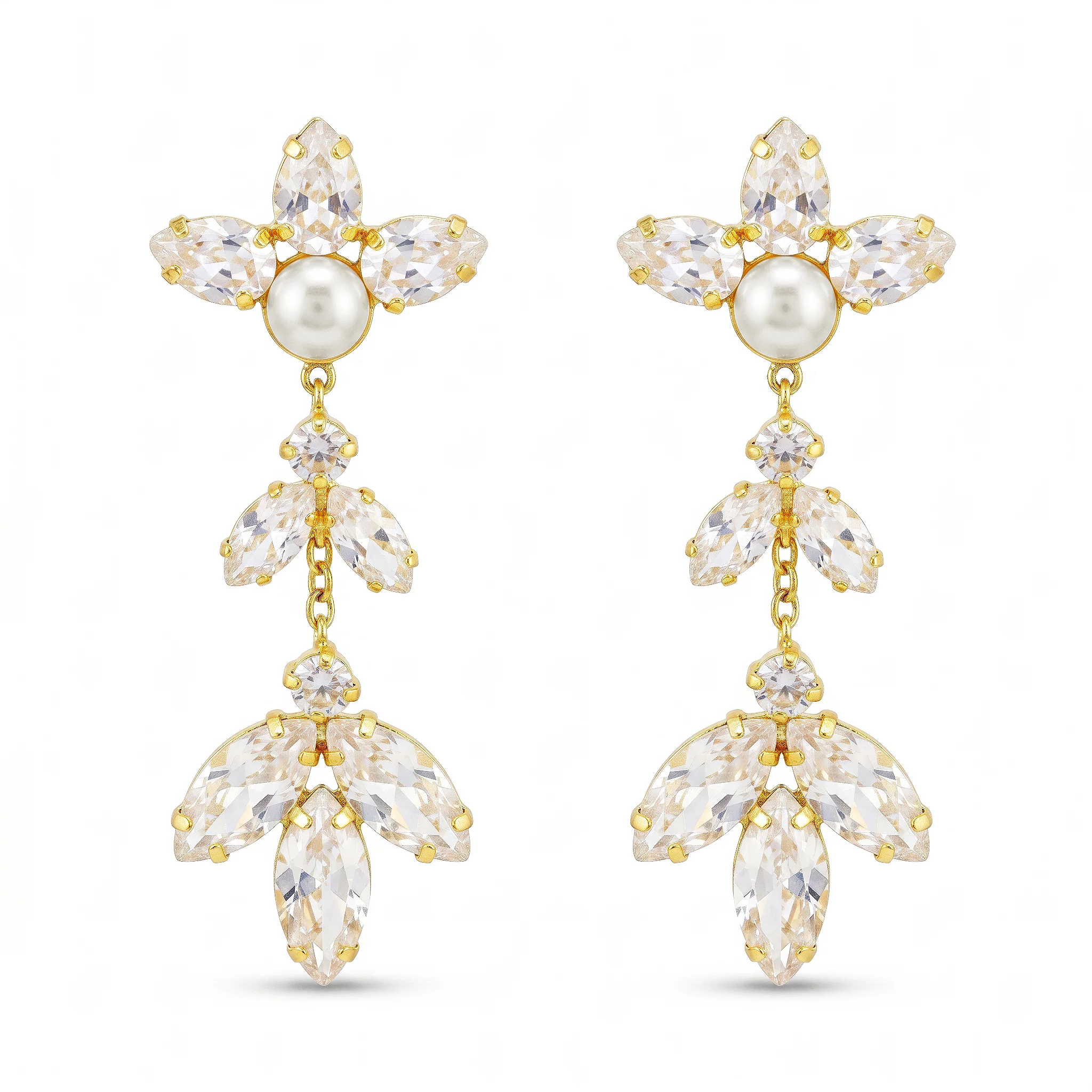 PRAO Earrings Anti-Tarnish Floral Crystal & Pearl Dangles - Image 3