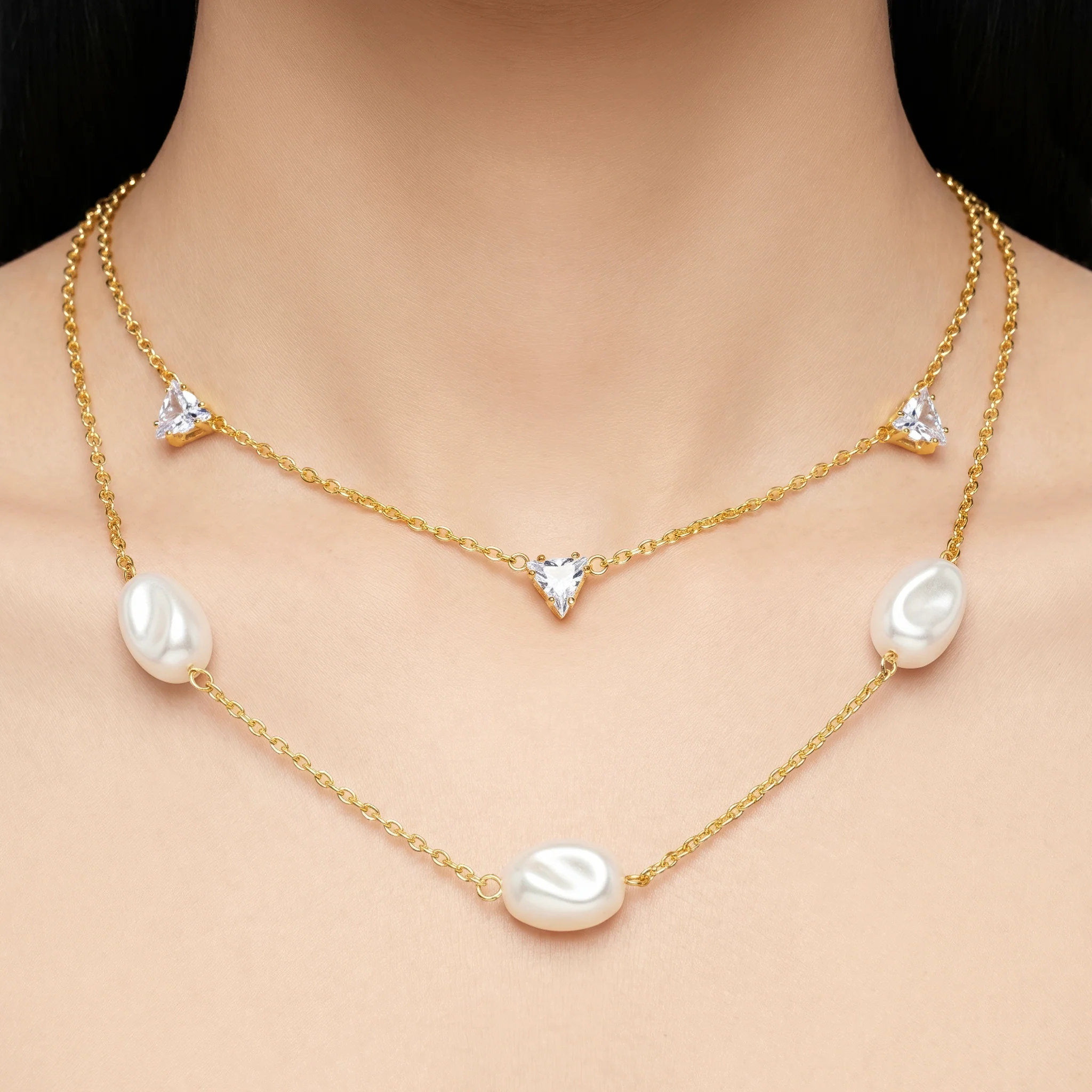 PRAO Necklace Anti-Tarnish Double-Strand Pearl & Trillion Crystal Chain