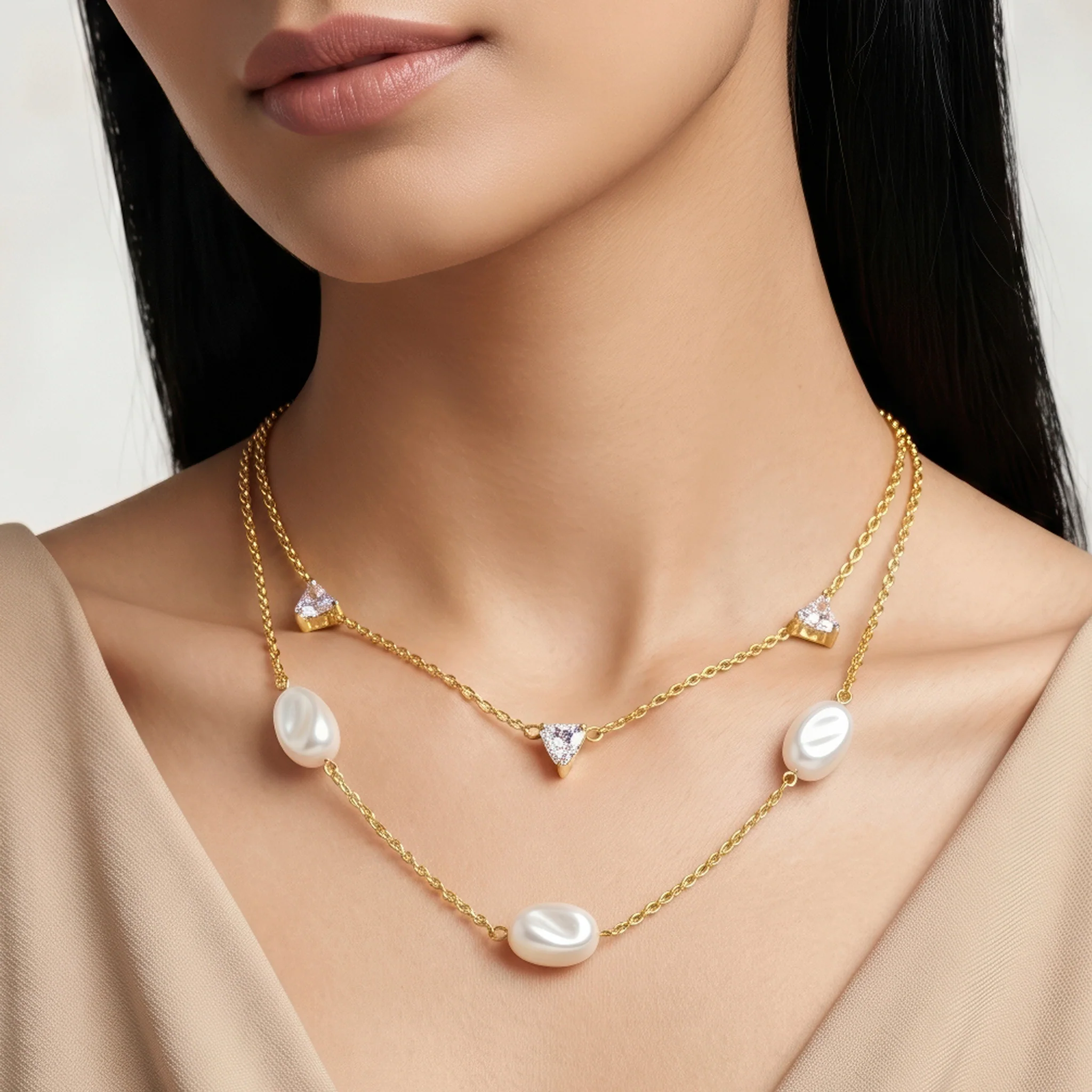 PRAO Necklace Anti-Tarnish Double-Strand Pearl & Trillion Crystal Chain - Image 2