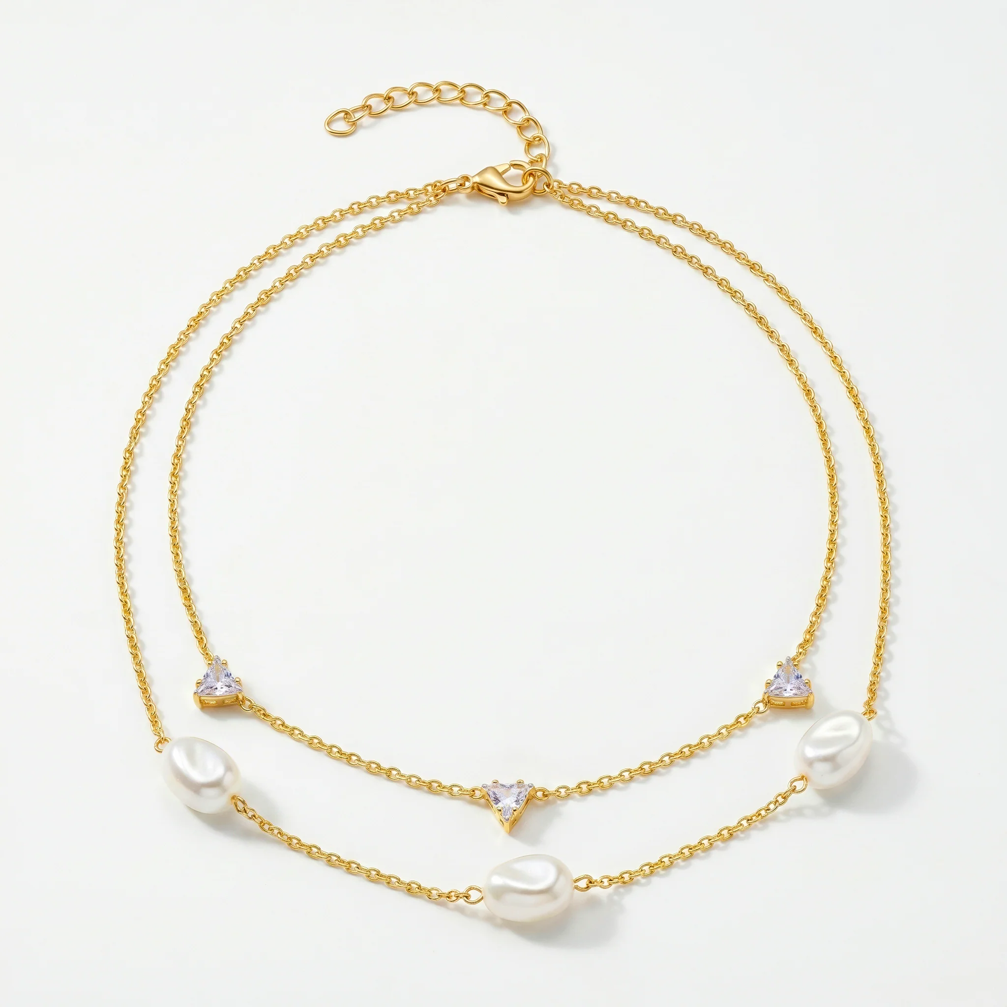 PRAO Necklace Anti-Tarnish Double-Strand Pearl & Trillion Crystal Chain - Image 3