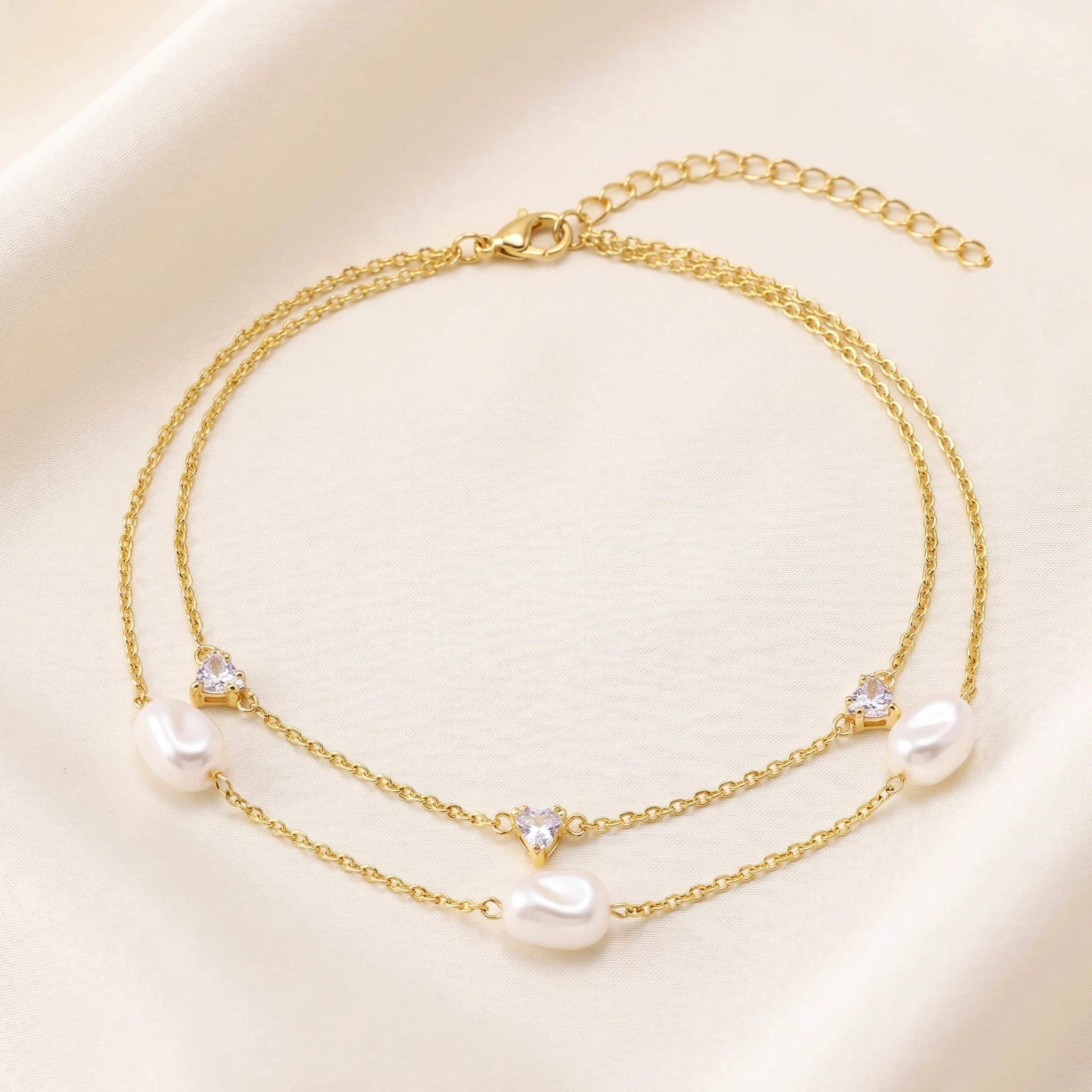 PRAO Necklace Anti-Tarnish Double-Strand Pearl & Trillion Crystal Chain - Image 4
