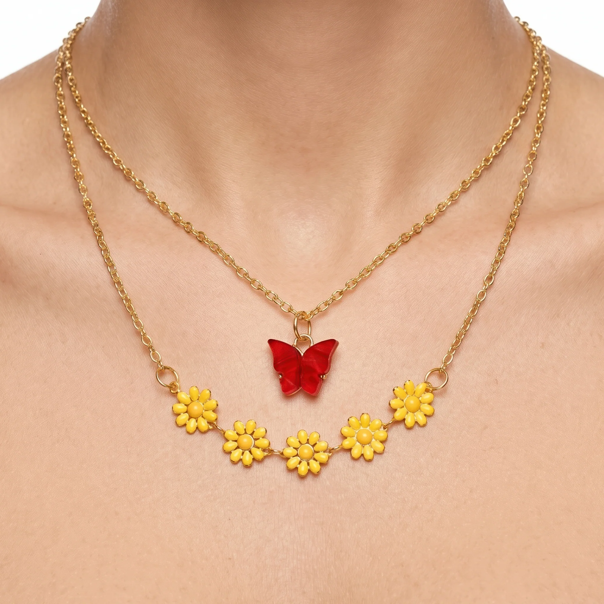 PRAO Necklace Anti-Tarnish Butterfly & Daisy Charm Chain - Image 2
