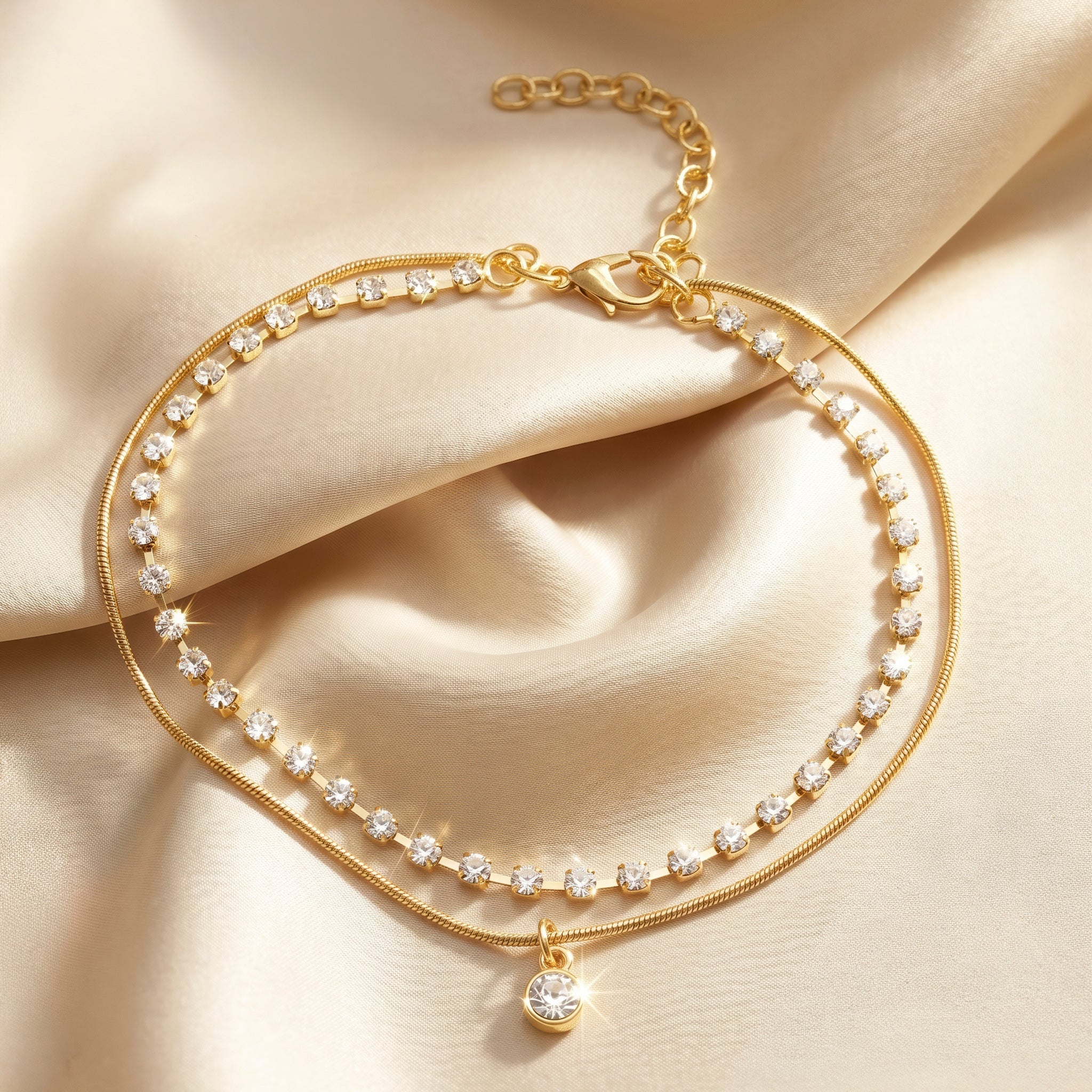 PRAO Anklet Anti-Tarnish Double-Strand Crystal Pendant Chain - Image 4