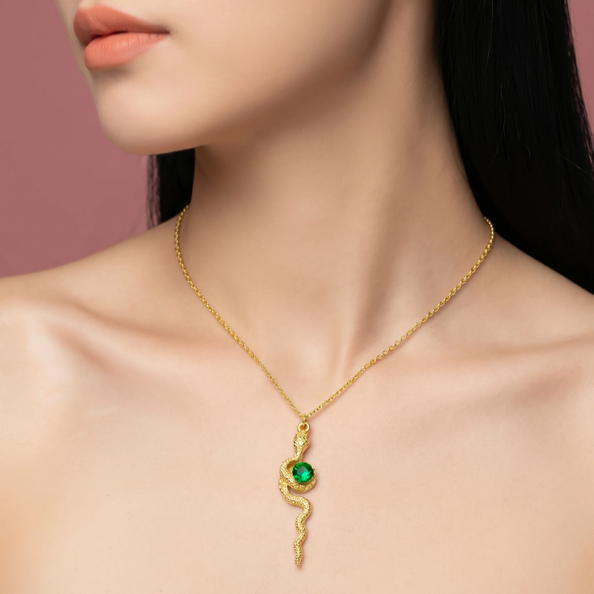PRAO Necklace Anti-Tarnish Emerald Snake Pendant - Image 2