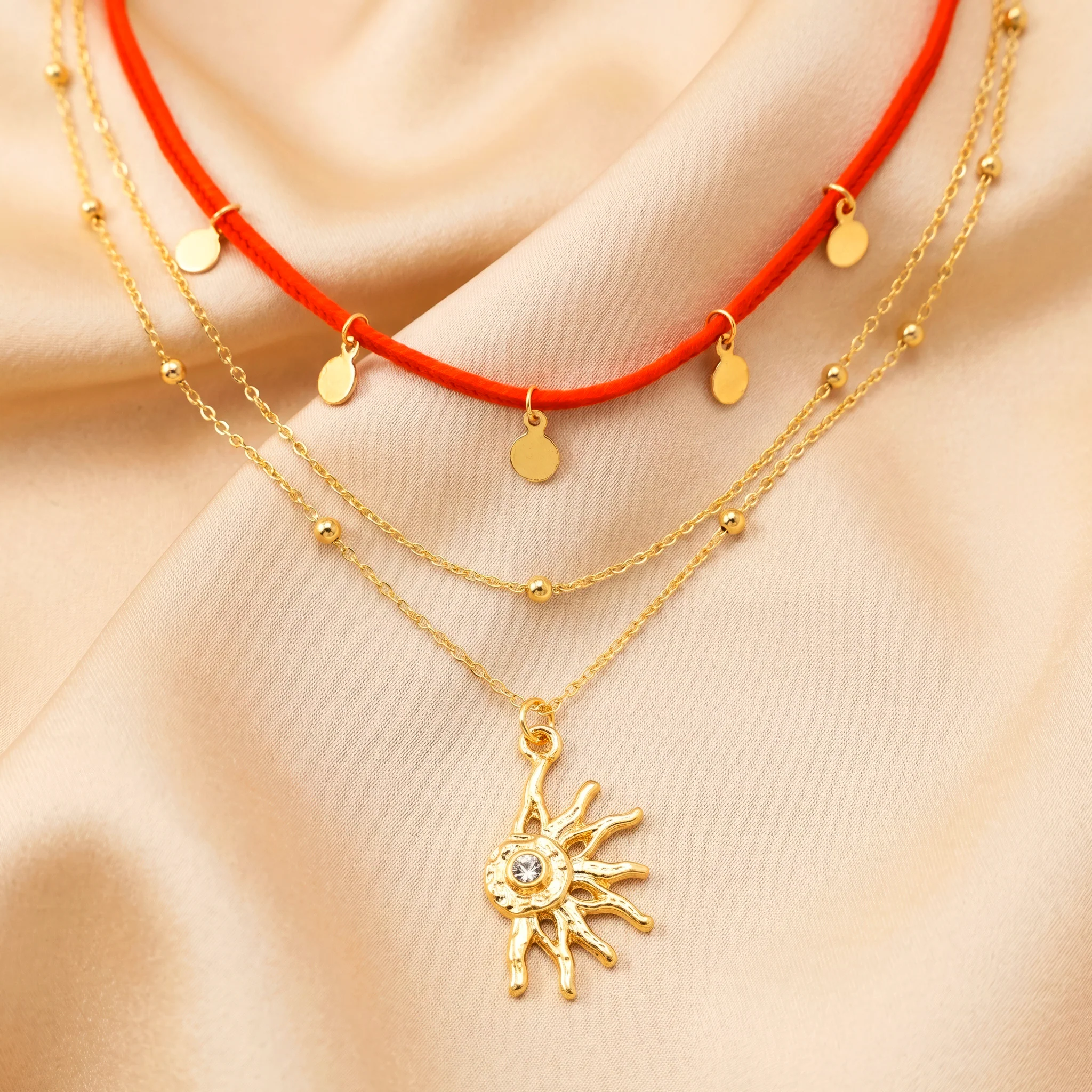 PRAO Necklace Anti-Tarnish Sunburst Crystal Layered Chain - Image 4