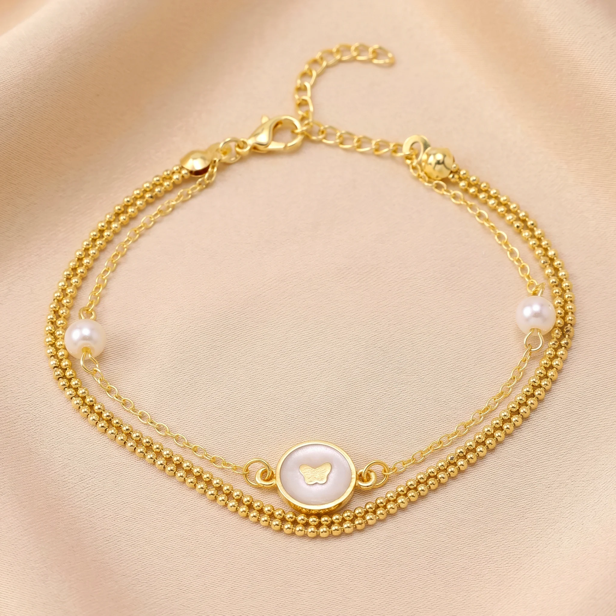 PRAO Anklet Anti-Tarnish Pearl & Butterfly Triple-Strand Chain - Image 3