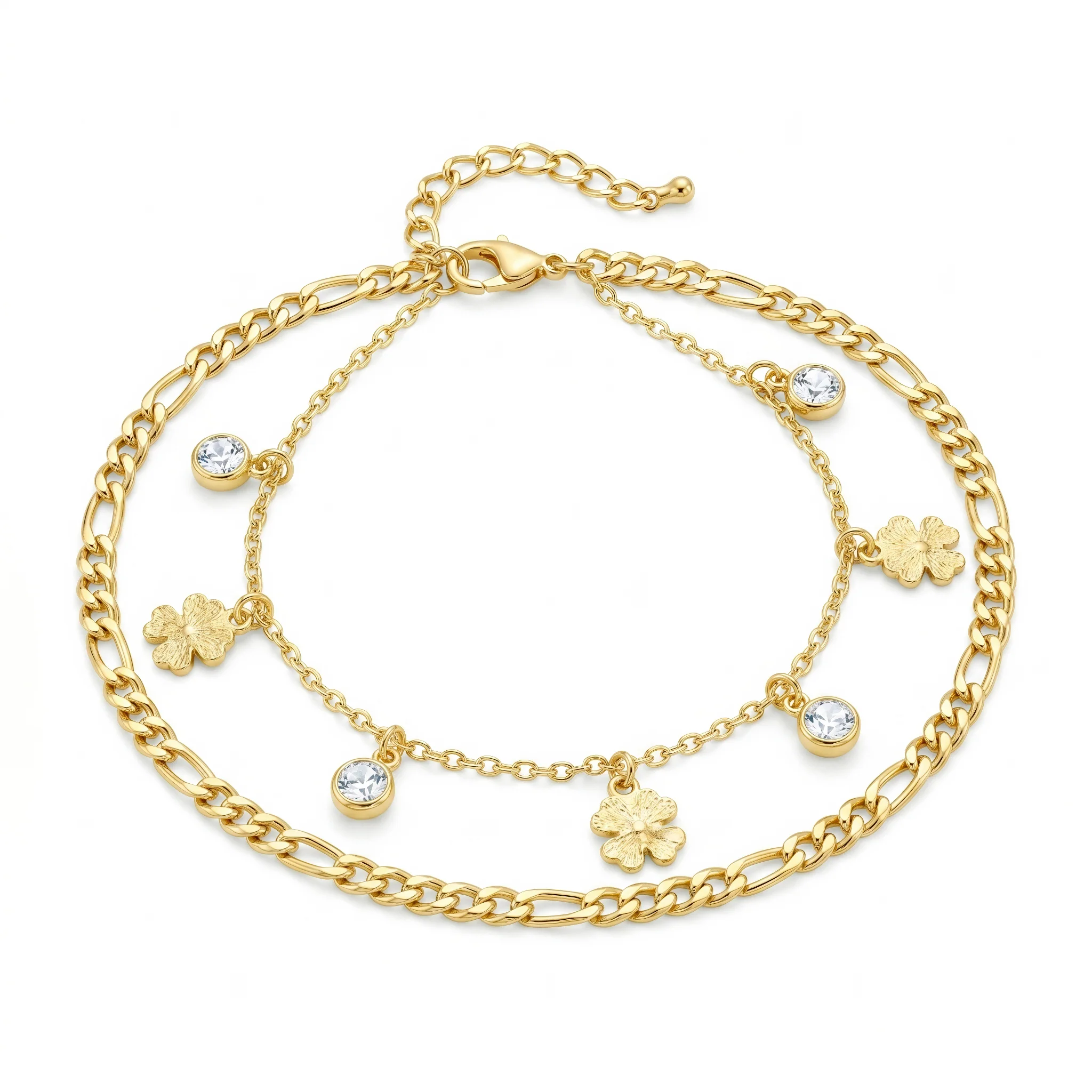 PRAO Anklet Anti-Tarnish Clover Charm Double-Strand Chain - Image 2
