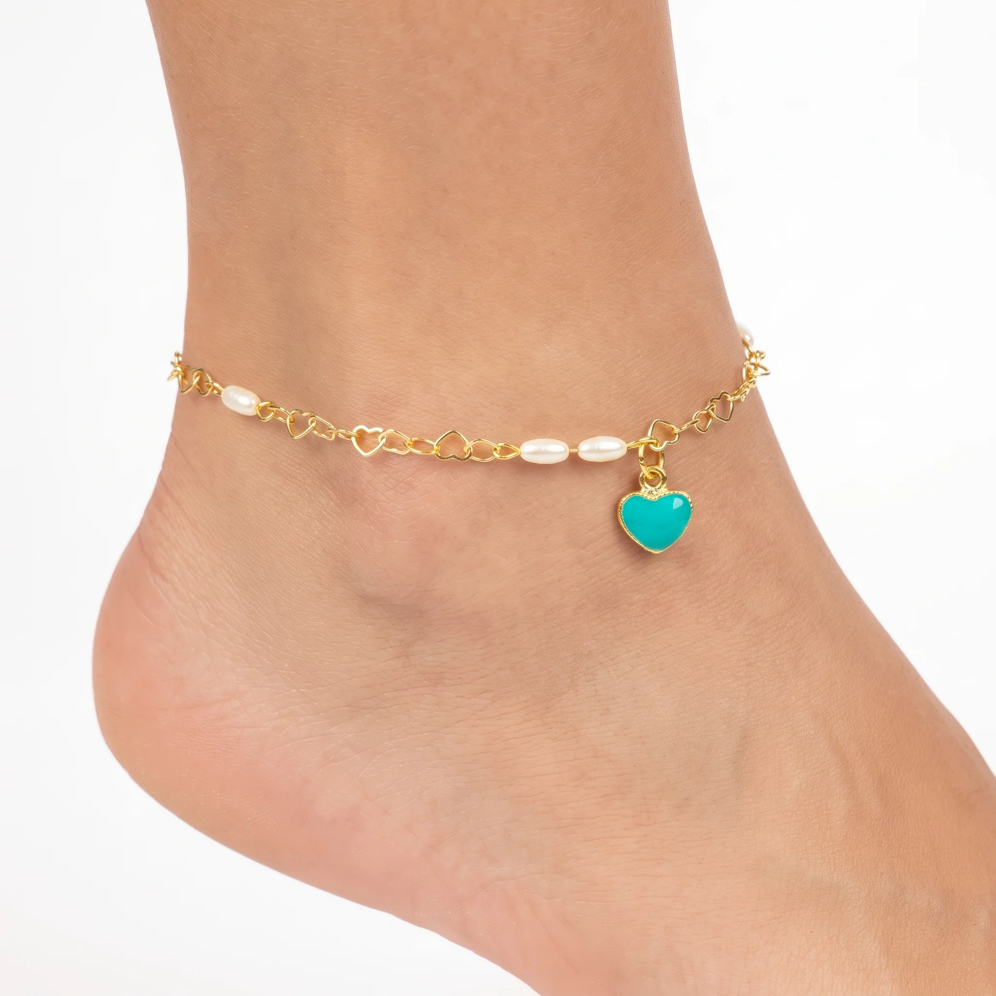 PRAO Anklet Anti-Tarnish Heart Pearl Charm - Image 2