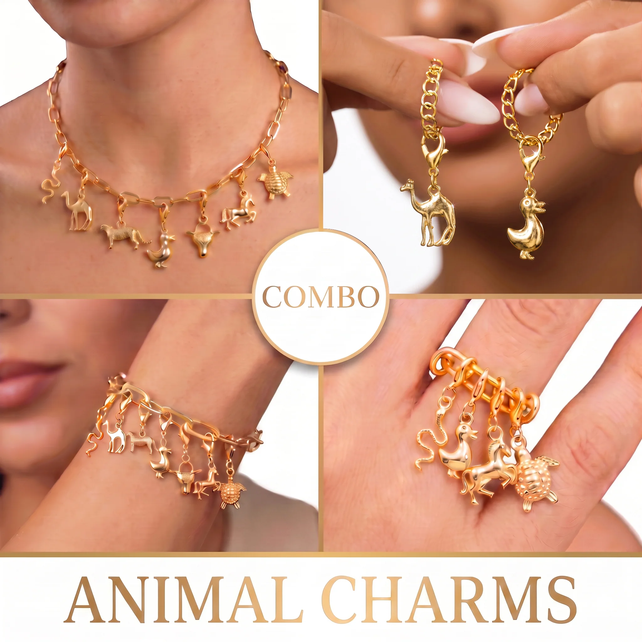 PRAO ANIMAL CHARMS SET ✨ Anti-Tarnish Gold Plated Necklace, Bracelet, Ring, Earrings & 7 Detachable Charms (Complete Set)