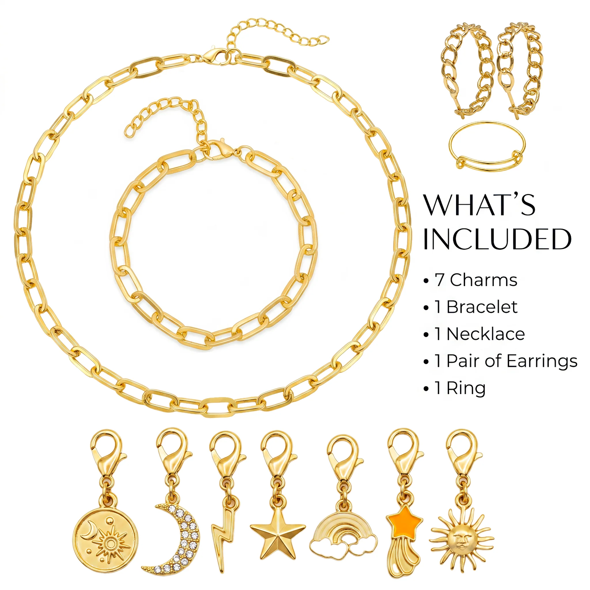PRAO SKY CHARMS COMBO ✨ Anti-Tarnish Gold Plated Necklace, Bracelet, Ring, Earrings & 7 Detachable Charms (Complete Set) - Image 7