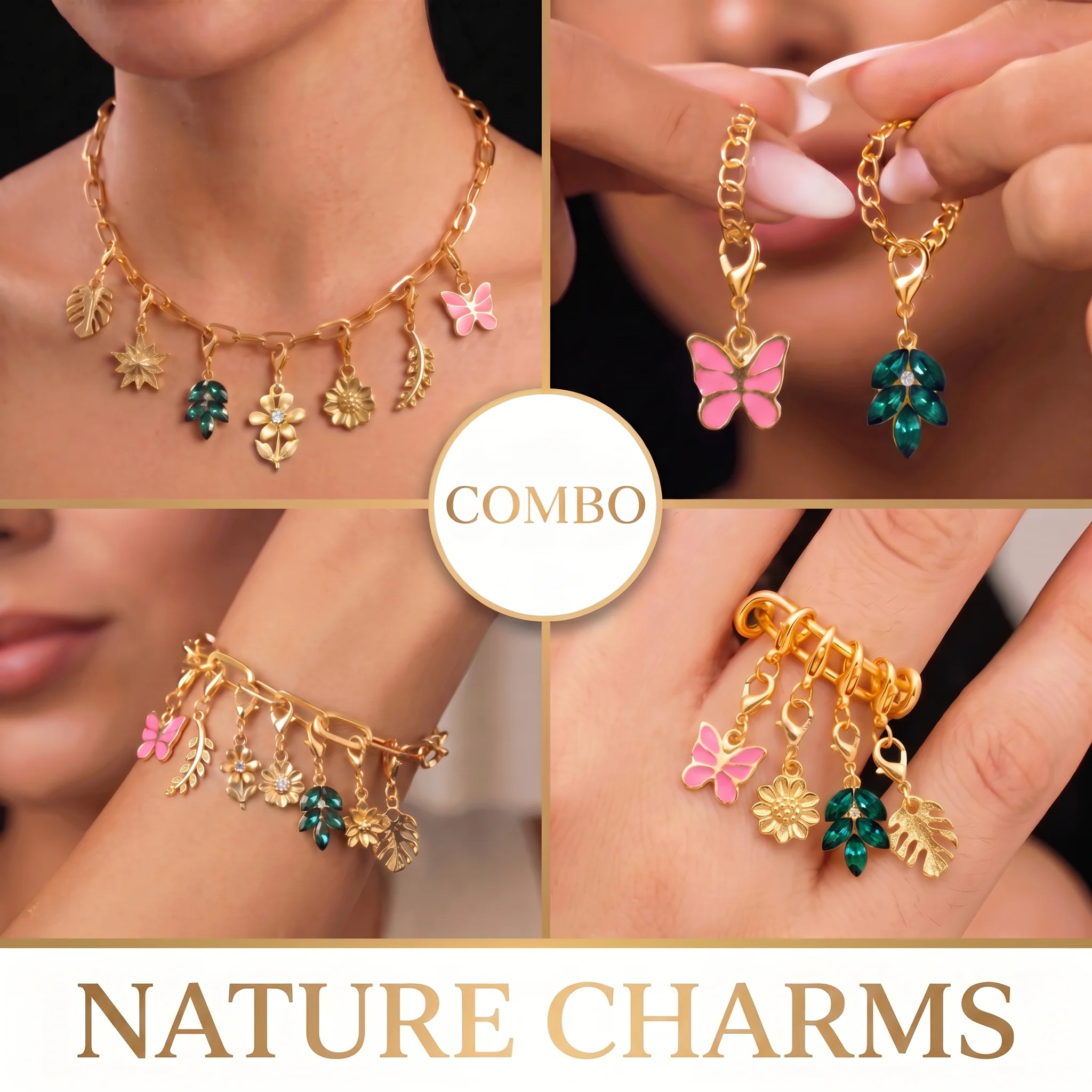 PRAO NATURE CHARMS COMBO ✨ Anti-Tarnish Gold Plated Necklace, Bracelet, Ring, Earrings & 7 Detachable Charms (Complete Set)