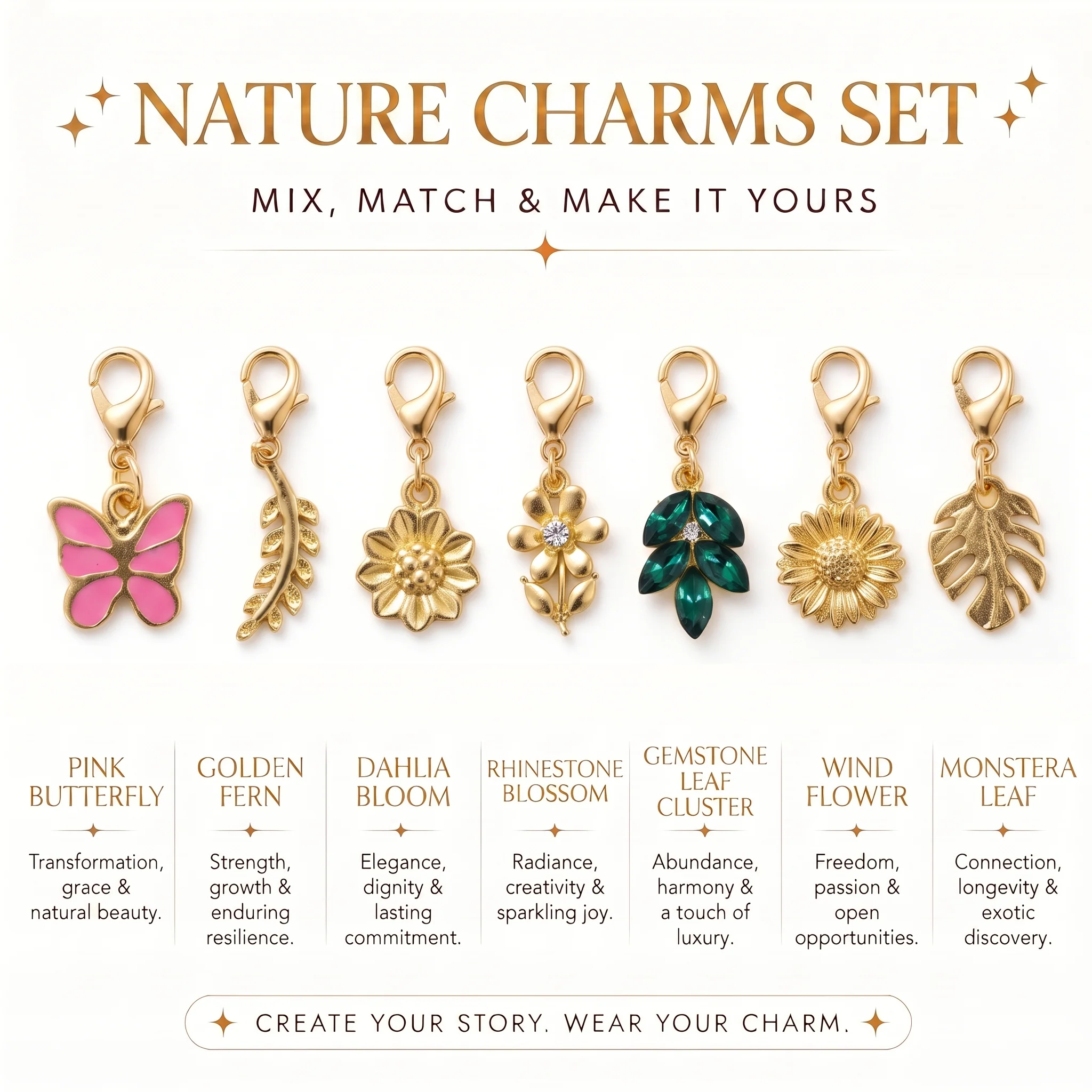 PRAO NATURE CHARMS COMBO ✨ Anti-Tarnish Gold Plated Necklace, Bracelet, Ring, Earrings & 7 Detachable Charms (Complete Set) - Image 6
