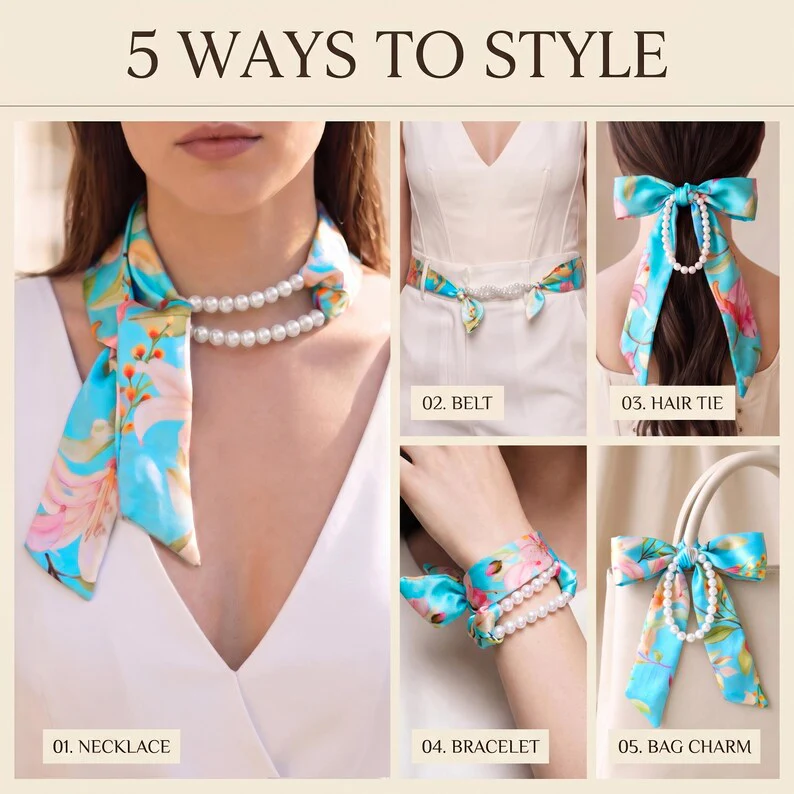 5-in-1 Satin & Pearl Set: Necklace, Bracelet, Hair Tie, Waist Belt & Bag Charm - Image 2