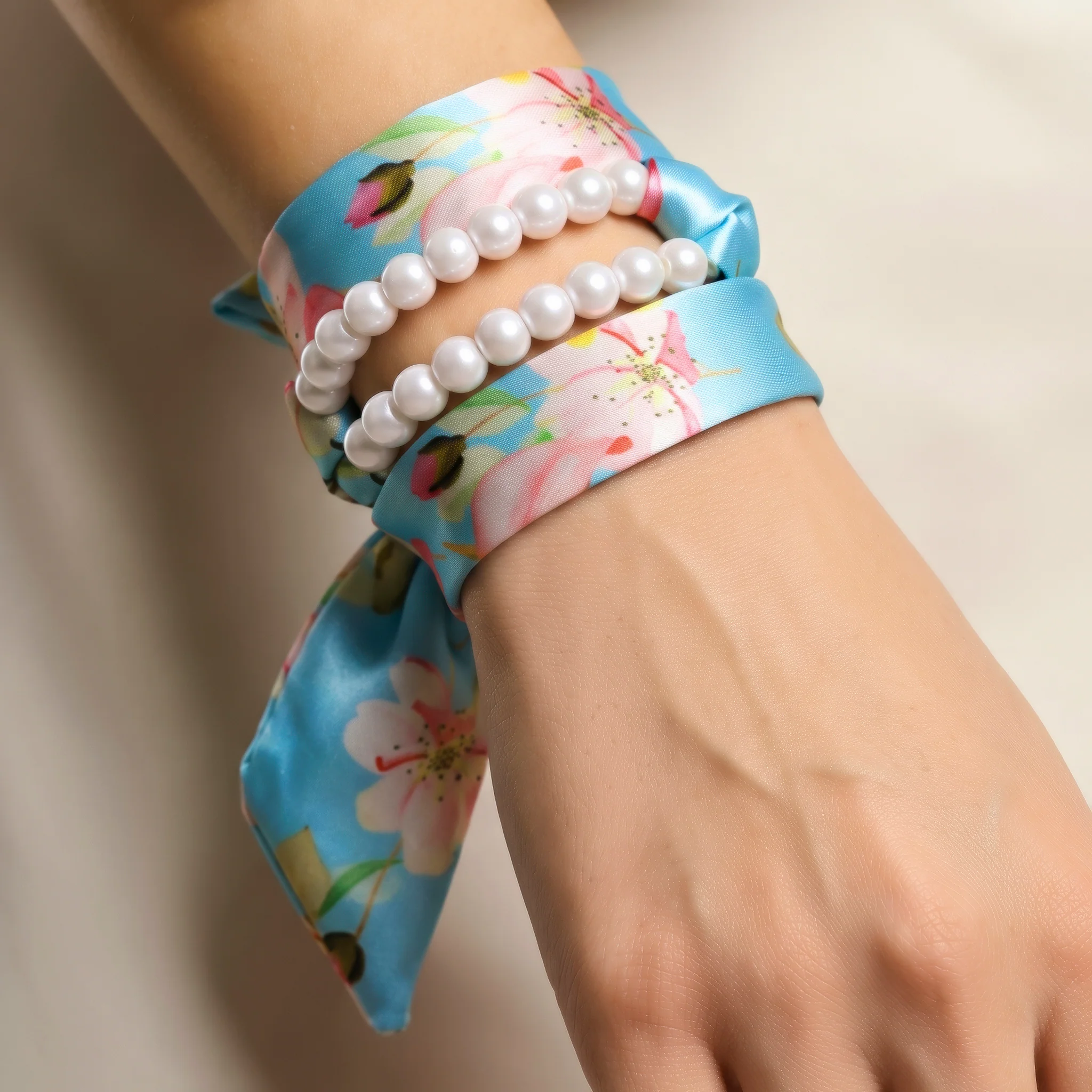5-in-1 Satin & Pearl Set: Necklace, Bracelet, Hair Tie, Waist Belt & Bag Charm - Image 4