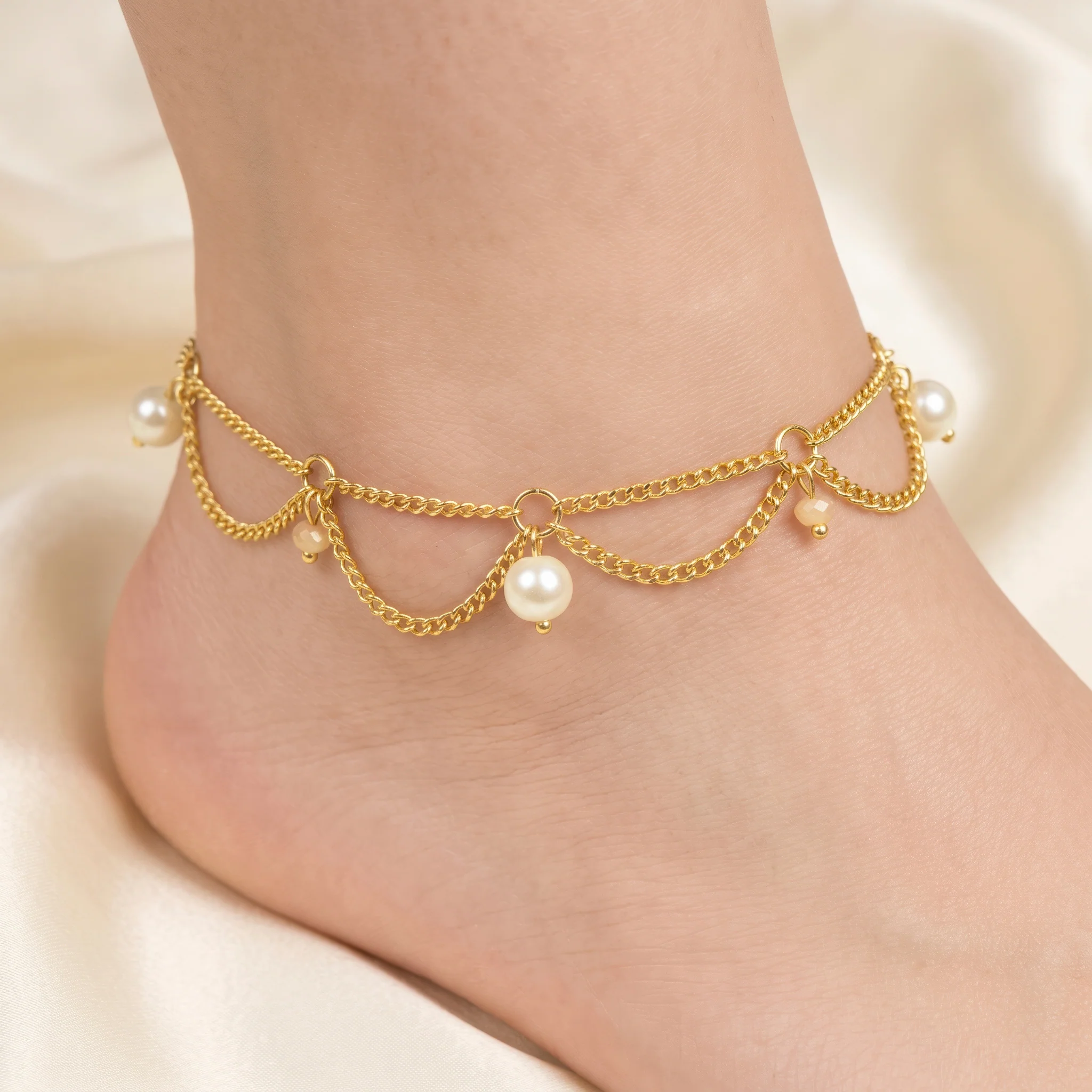 PRAO Anklet Anti-Tarnish Pearl Drape