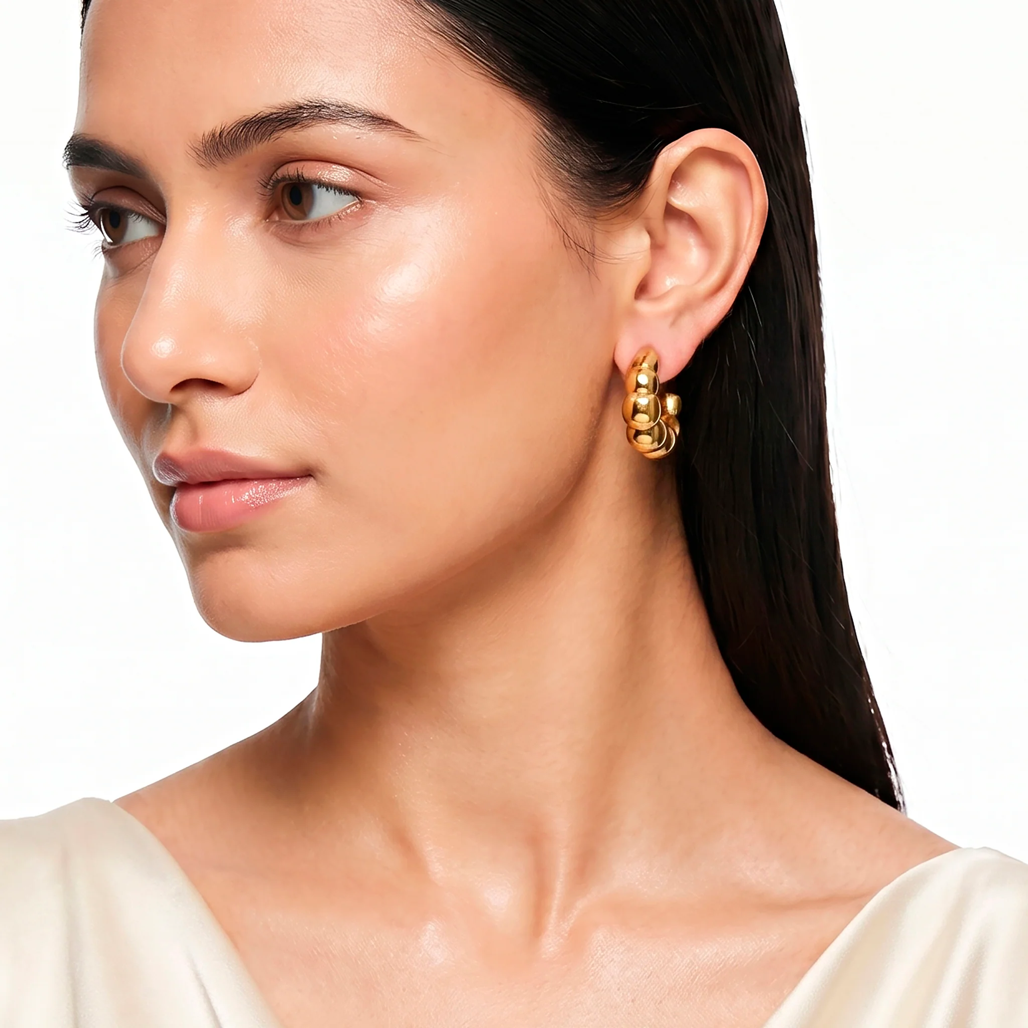 PRAO Earrings Anti-Tarnish Chunky Croissant Hoops - Image 3