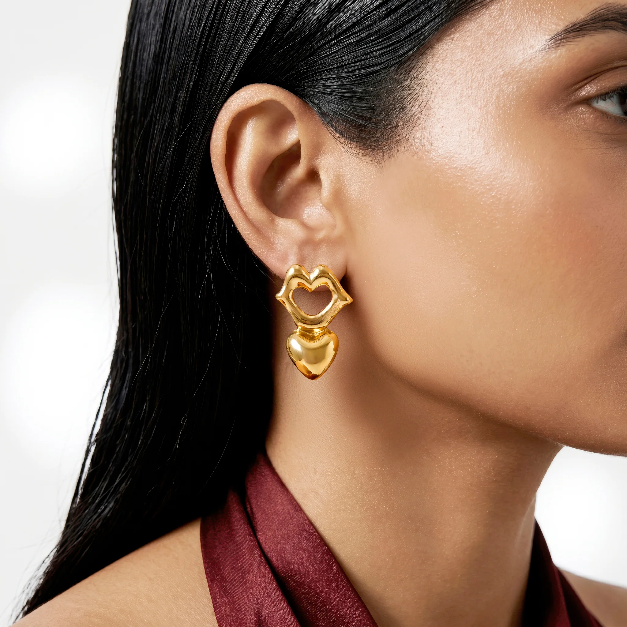 PRAO Earrings Anti-Tarnish Lips & Heart Dangles - Image 2