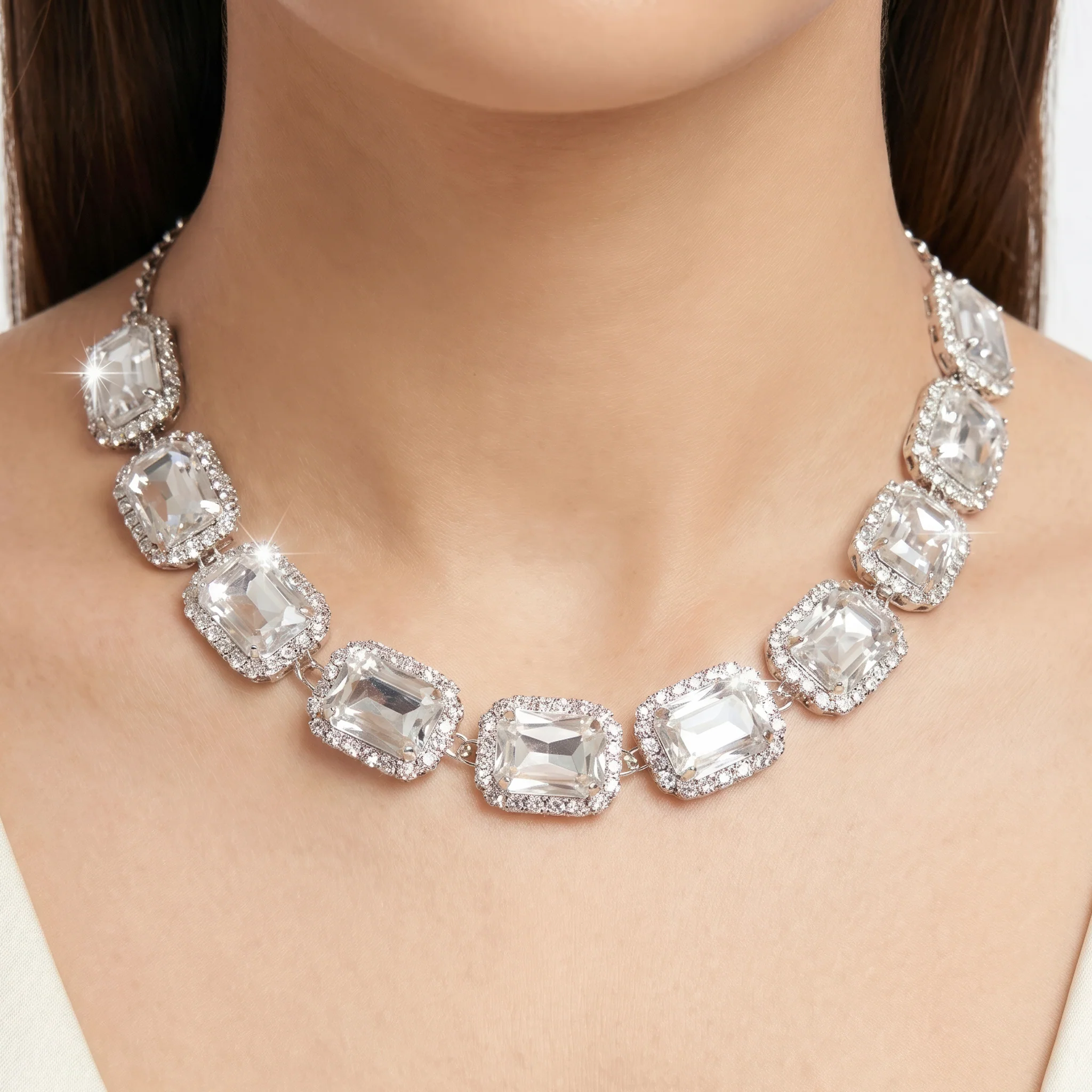 PRAO Necklace Anti-Tarnish Single-Line Rectangle Crystal Set With Earrings - Image 2