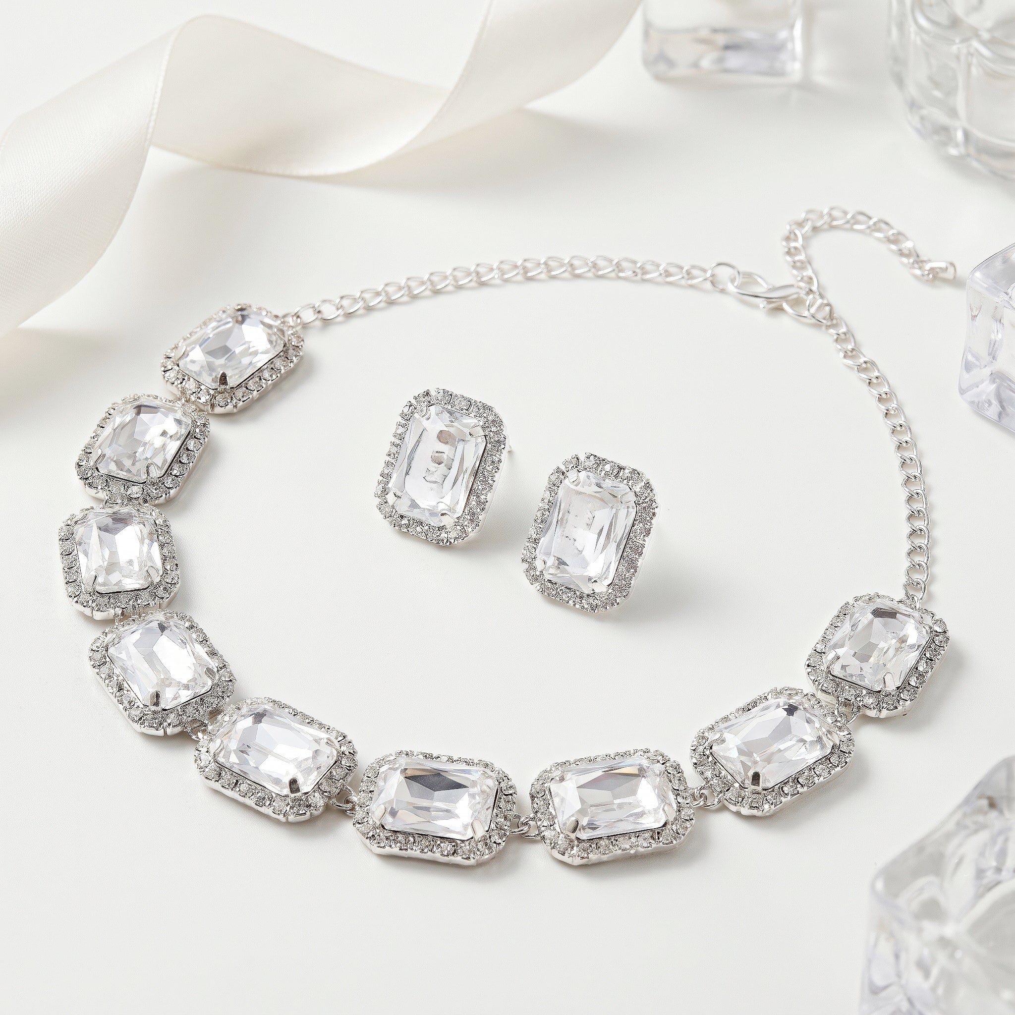 PRAO Necklace Anti-Tarnish Single-Line Rectangle Crystal Set With Earrings - Image 5