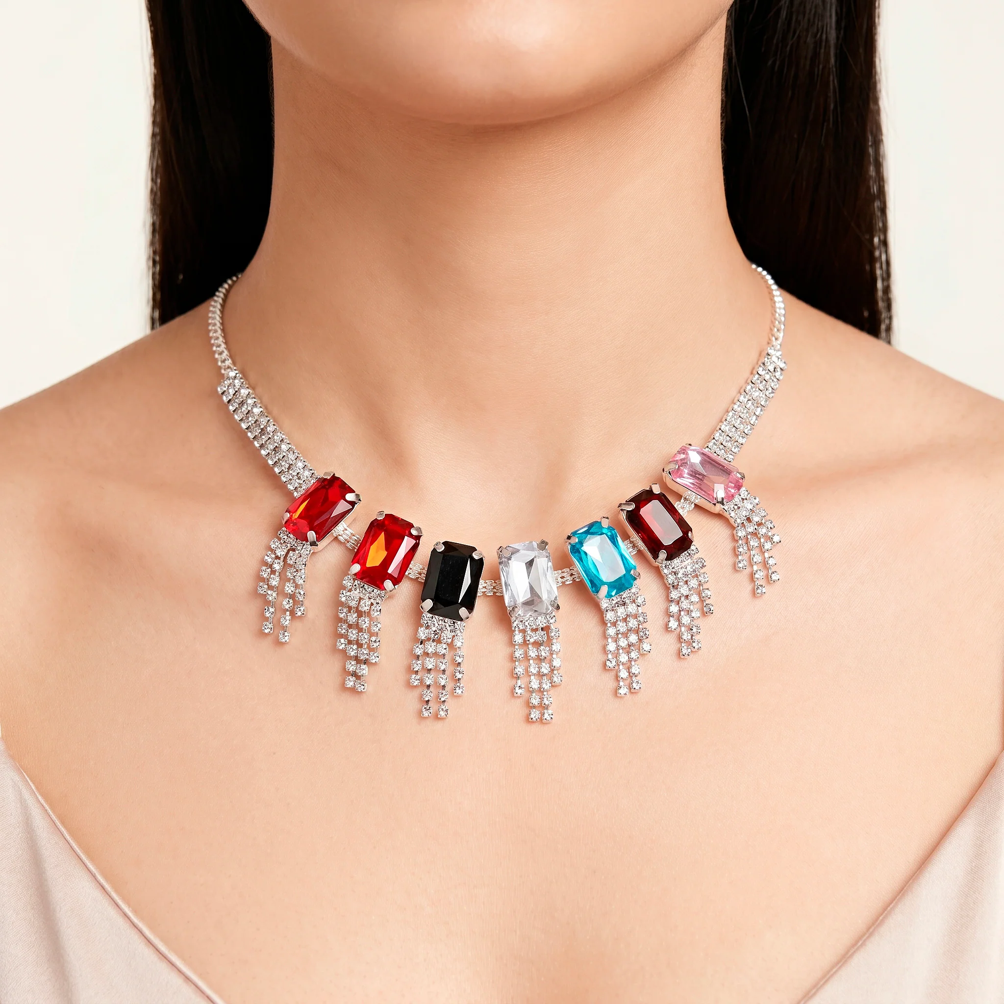 PRAO Necklace Anti-Tarnish Multi Color Crystal Fringe Set With Earrings - Image 3