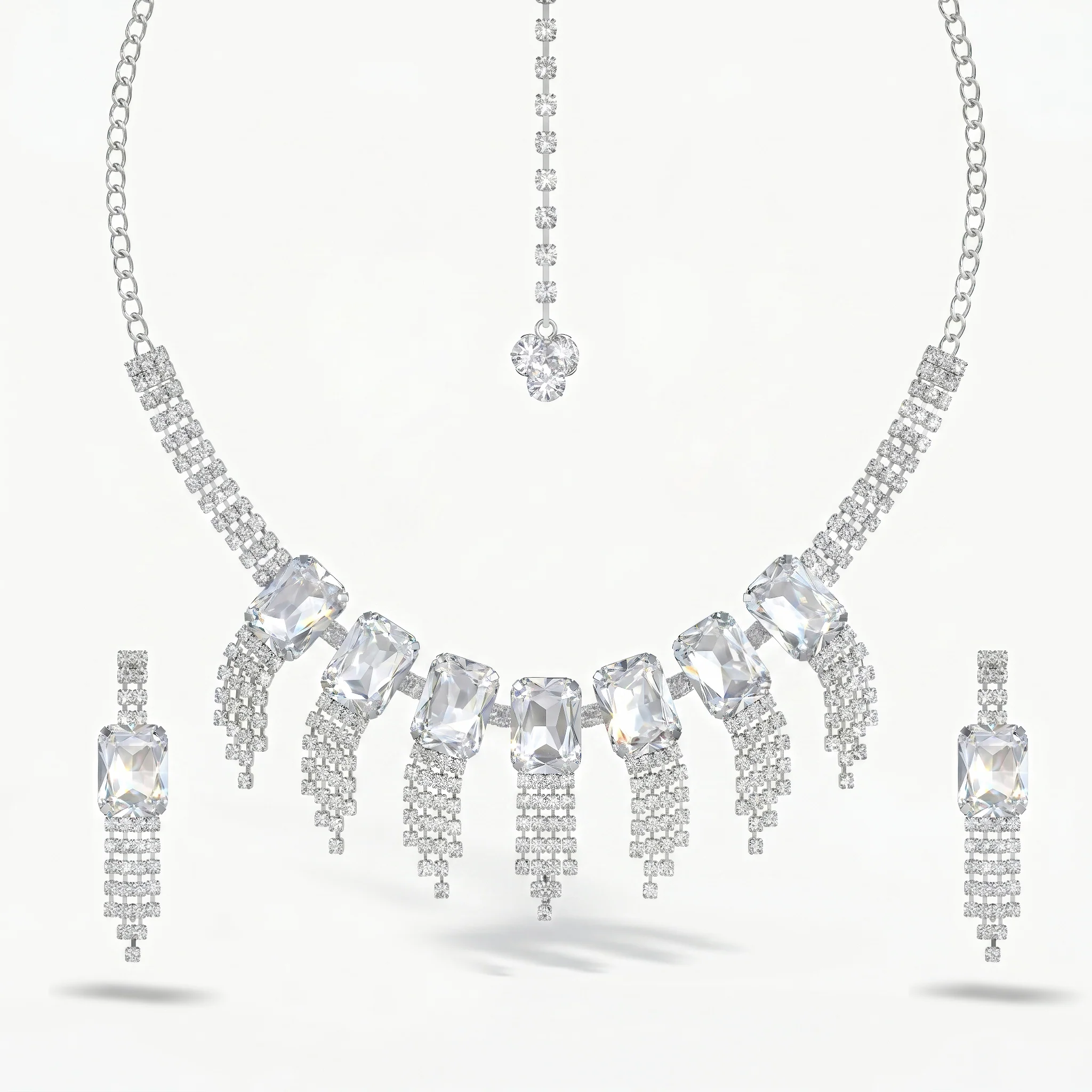 PRAO Necklace Anti-Tarnish Rectangle Crystal Fringe Set With Earrings - Image 5
