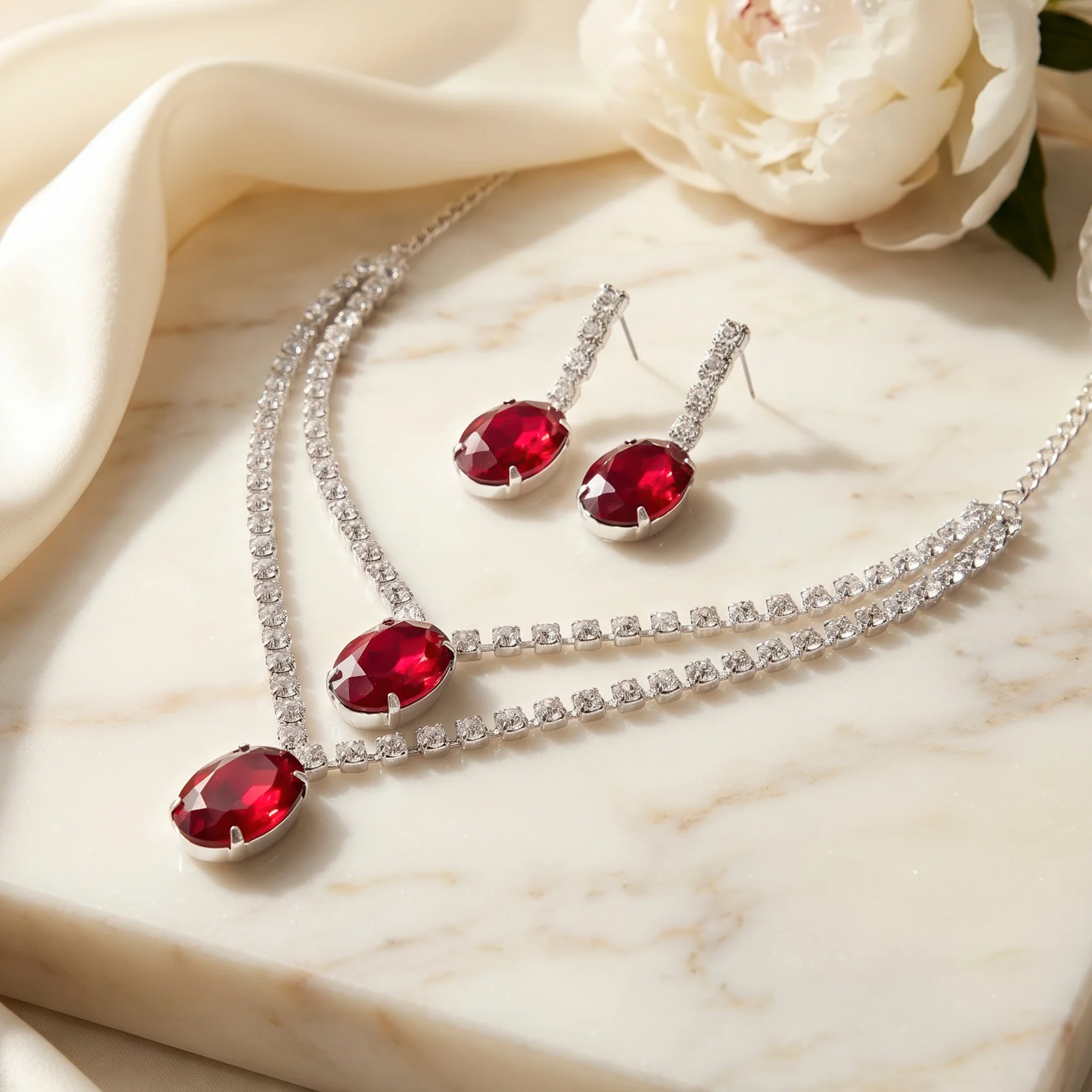 PRAO Necklace Anti-Tarnish Siam Red Oval Crystal Double-Layer Set With Earrings - Image 5