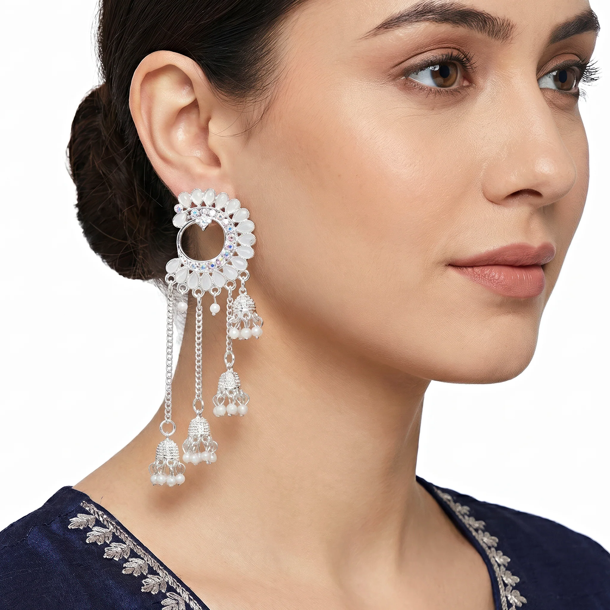 PRAO Earrings Anti-Tarnish Pearl Crescent Jhumka - Image 2